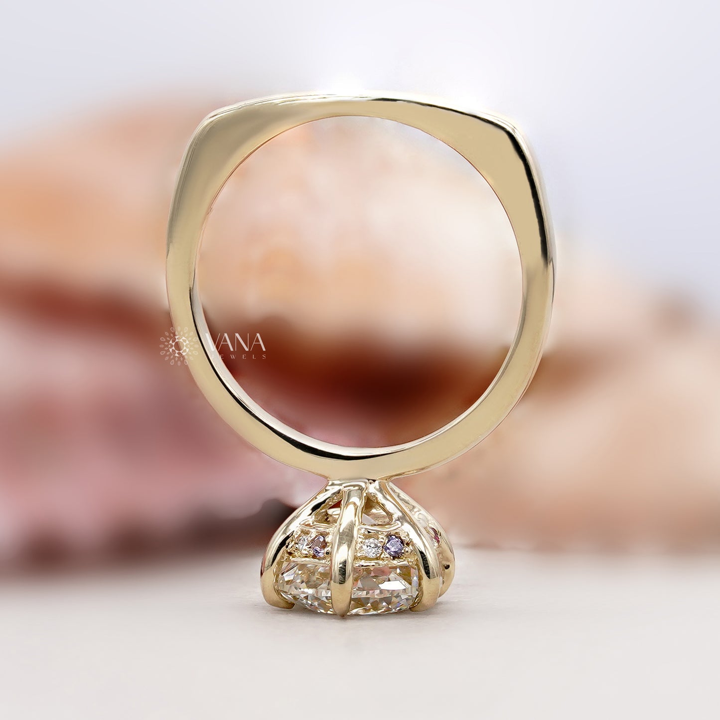 Portuguese Cut Lab Grown Diamond Solitaire Ring, Hidden Halo Engagement Ring