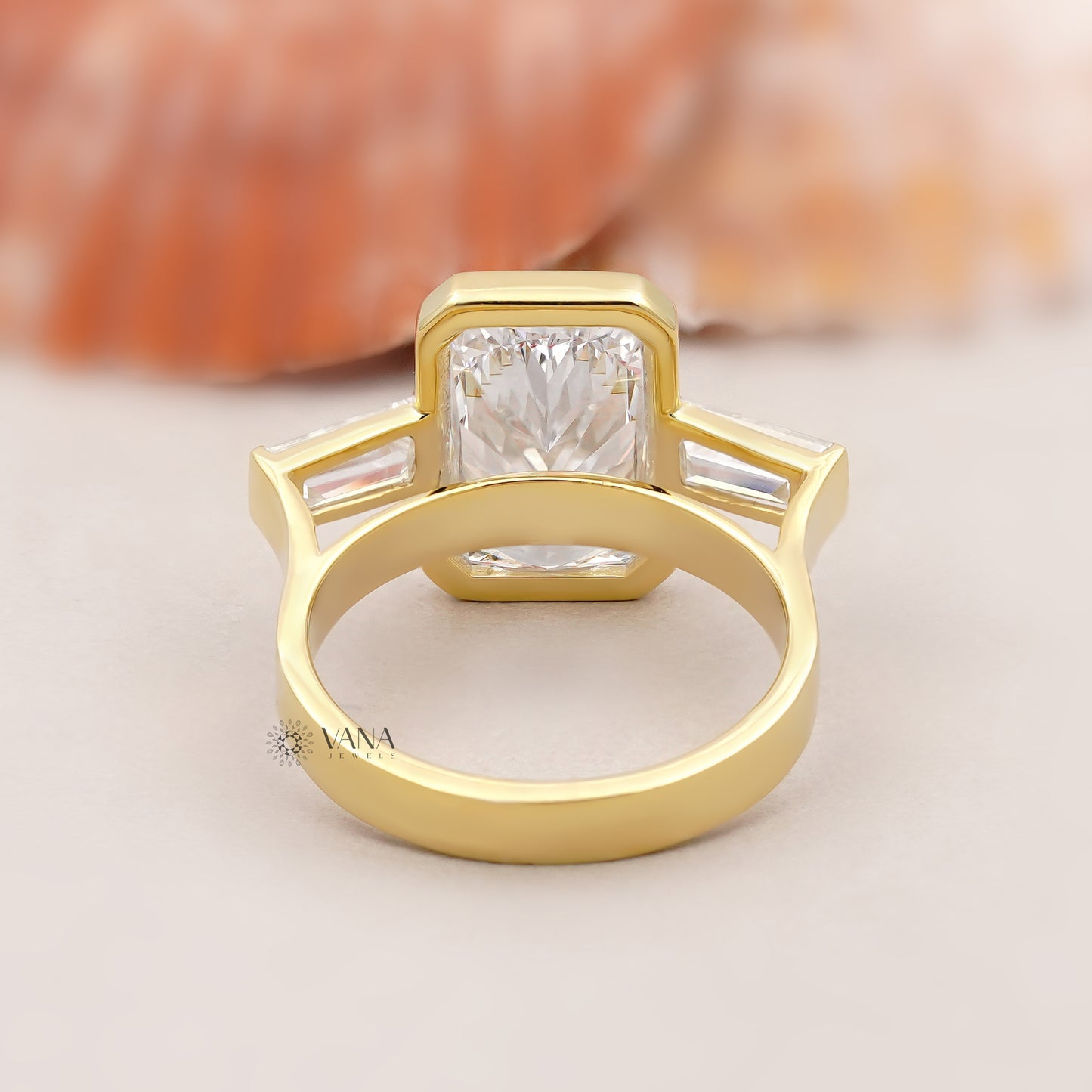 Radiant Cut Lab Grown Diamond Three Stone Engagement Ring with Tapered Baguette