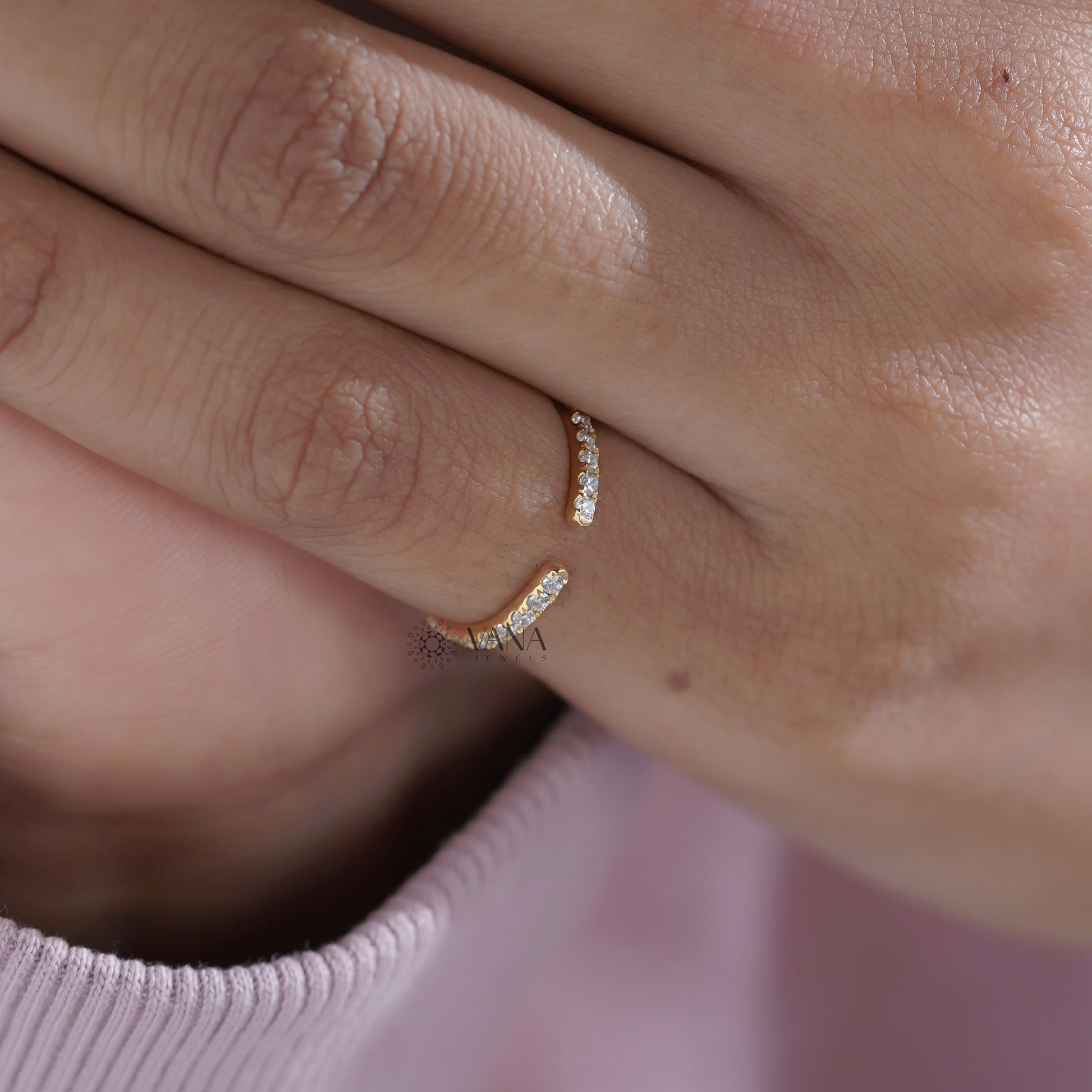 Dainty Yellow Gold Open Cuff Eternity Band with Round Lab Grown Diamonds for Stacking