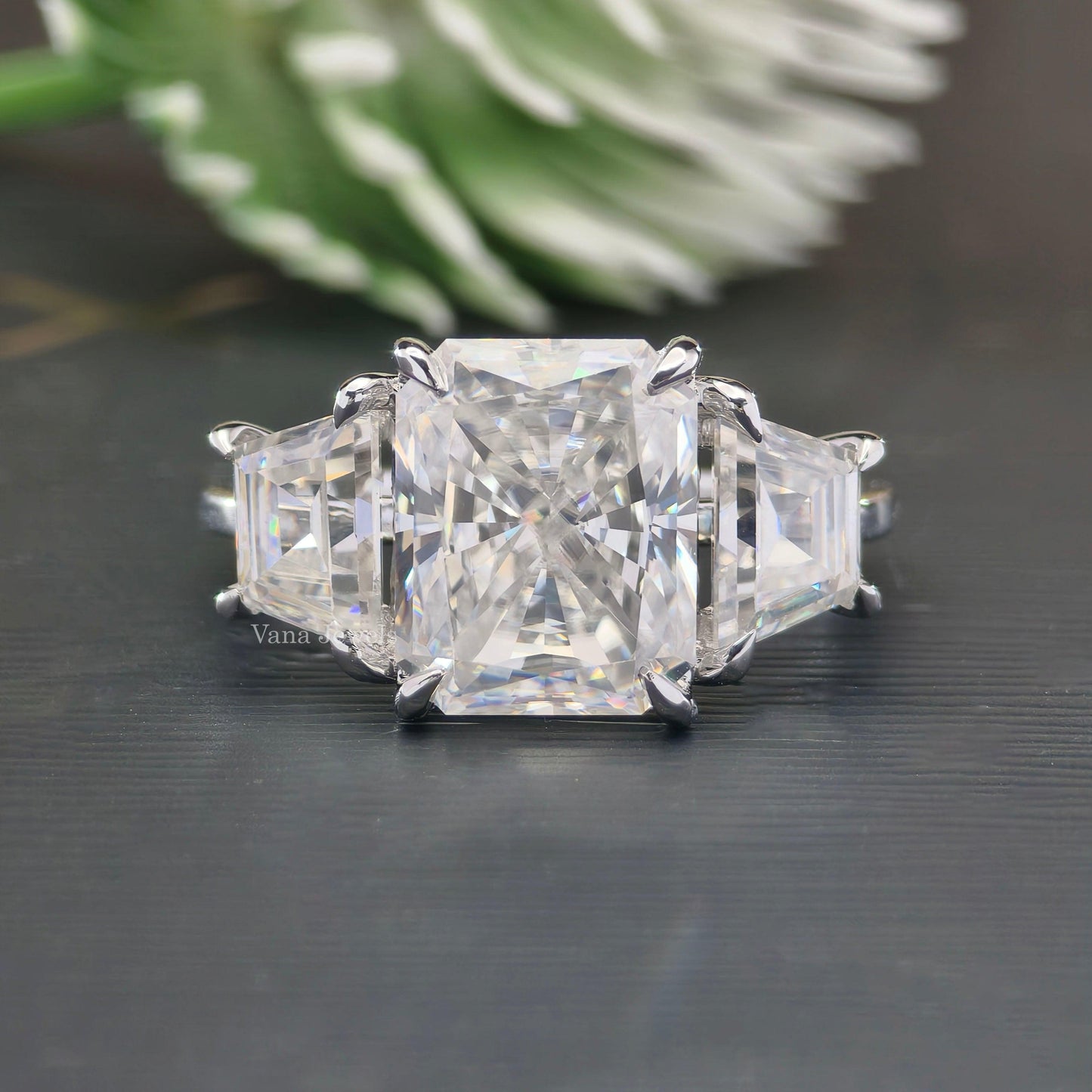 5.03 TCW Trapezoid Baguette and Radiant Three Stones Engagement Ring - Vana Jewels