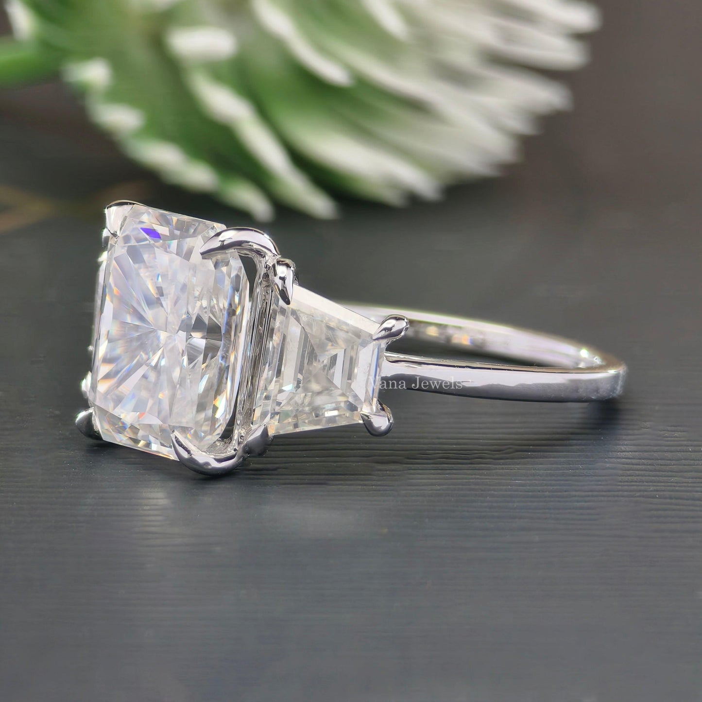 5.03 TCW Trapezoid Baguette and Radiant Three Stones Engagement Ring - Vana Jewels