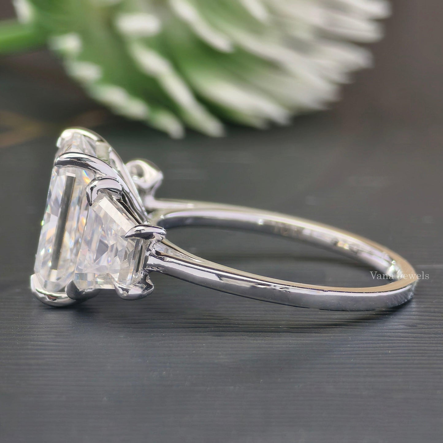 5.03 TCW Trapezoid Baguette and Radiant Three Stones Engagement Ring - Vana Jewels