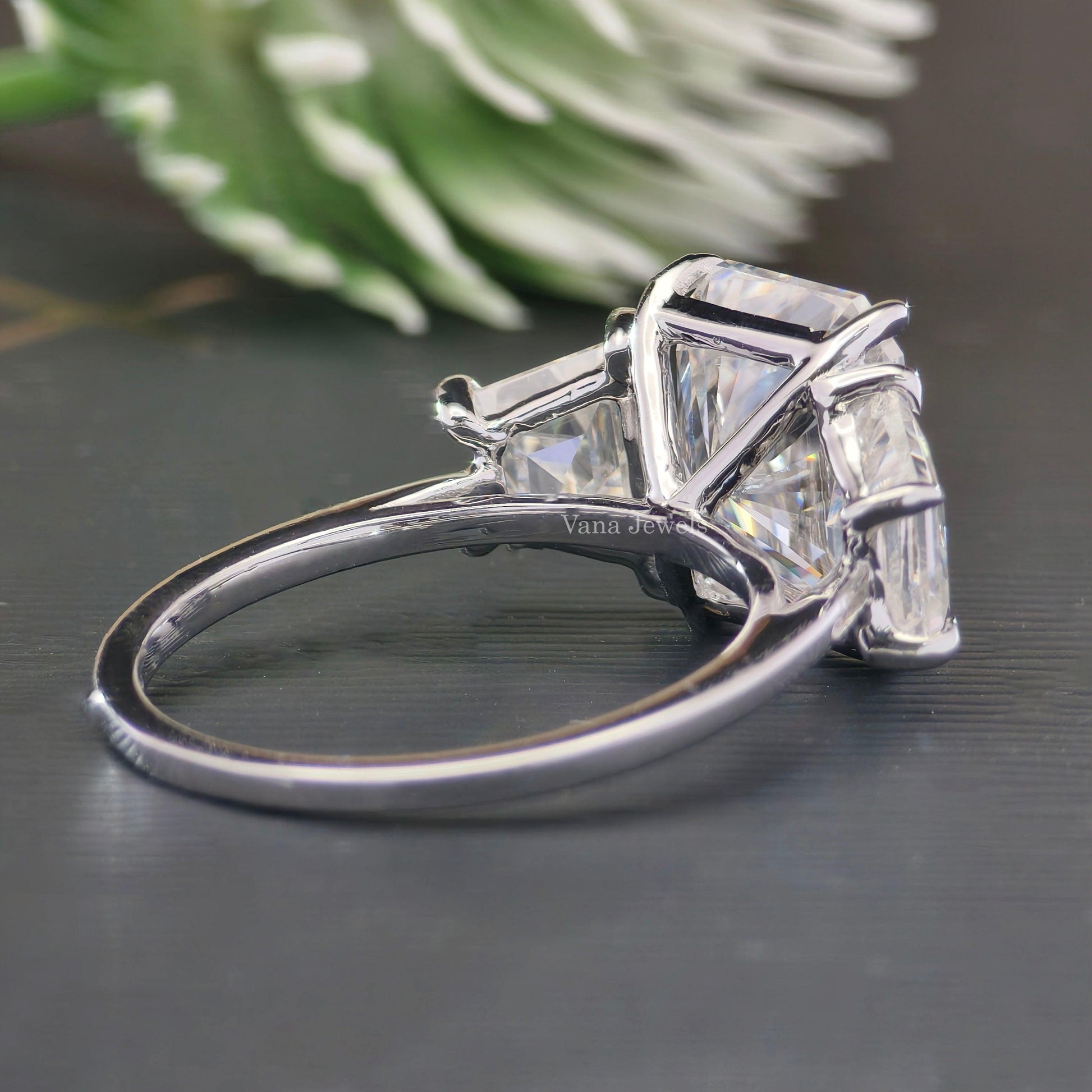 5.03 TCW Trapezoid Baguette and Radiant Three Stones Engagement Ring - Vana Jewels