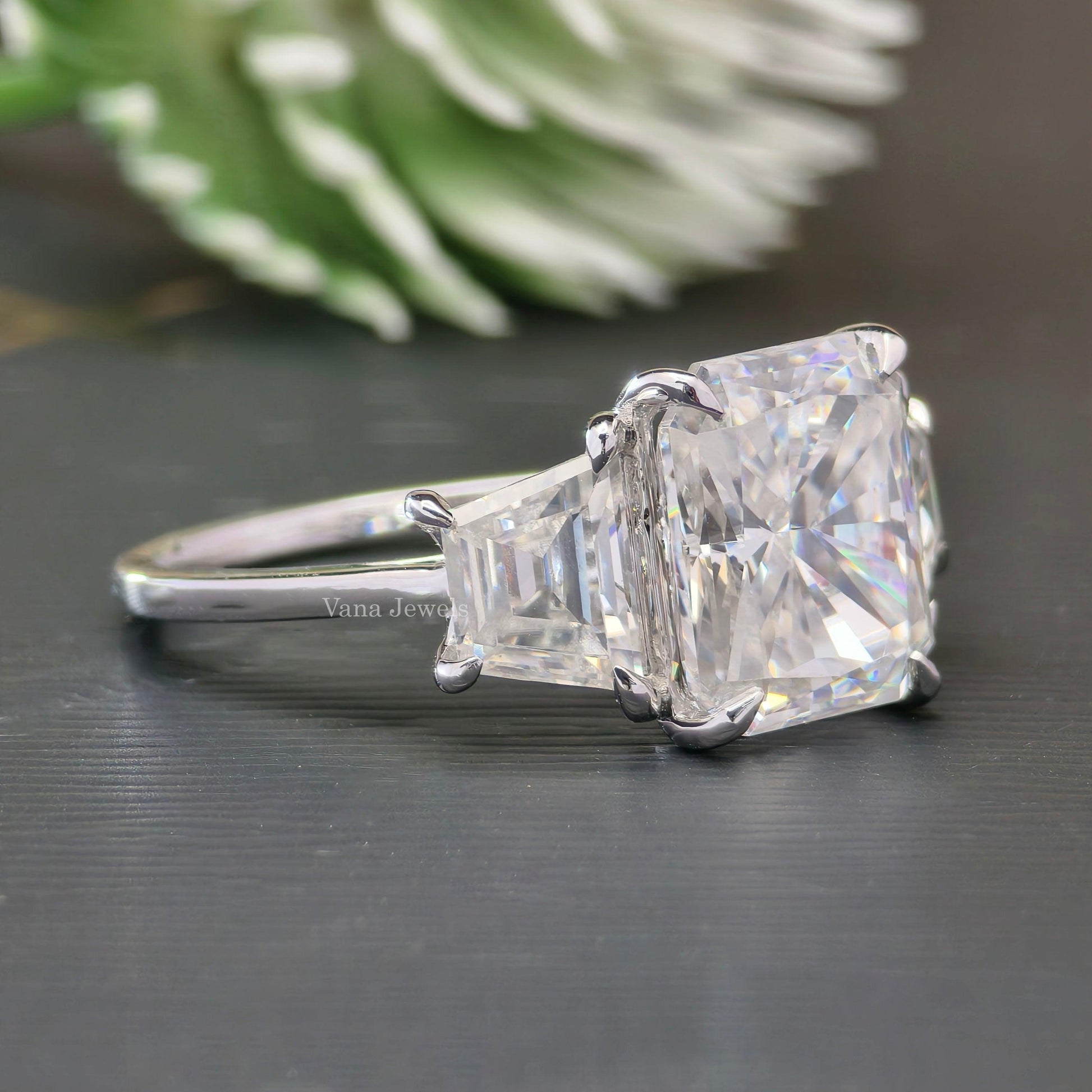 5.03 TCW Trapezoid Baguette and Radiant Three Stones Engagement Ring - Vana Jewels