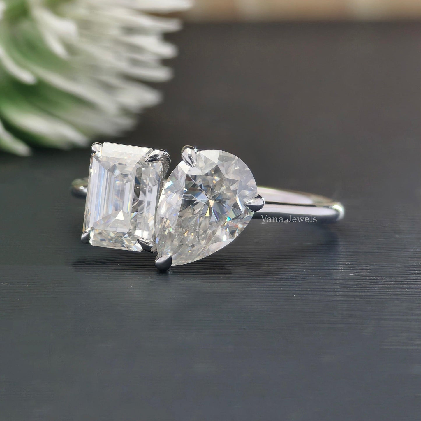 Toi Et Moi Ring, 3.61 CT Emerald & Pear Cut Unique Moissanite Engagement Ring - Vana Jewels