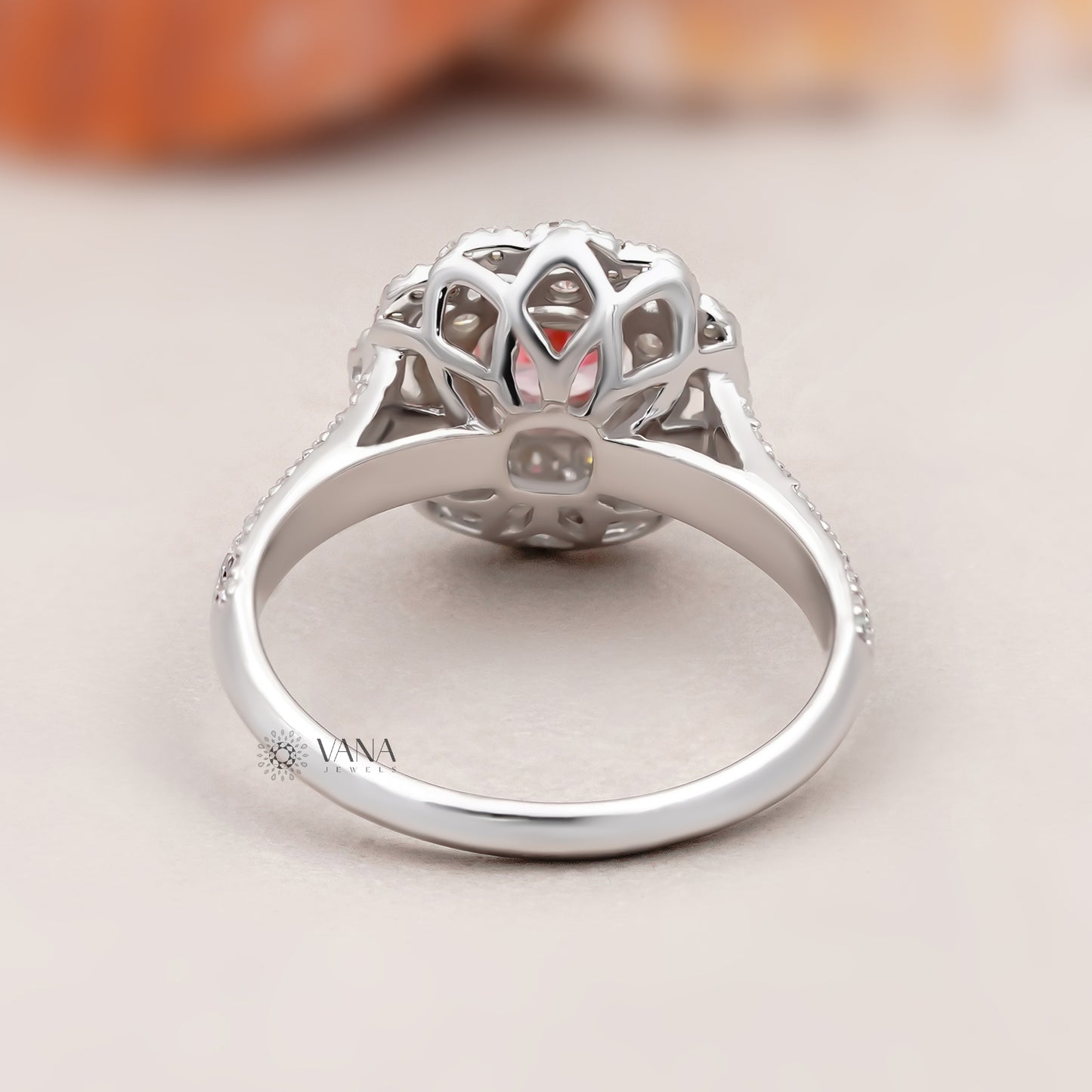 Vintage Floral Pink Cushion Lab Grown Diamond Engagement Ring with Double Halo Cathedral Setting