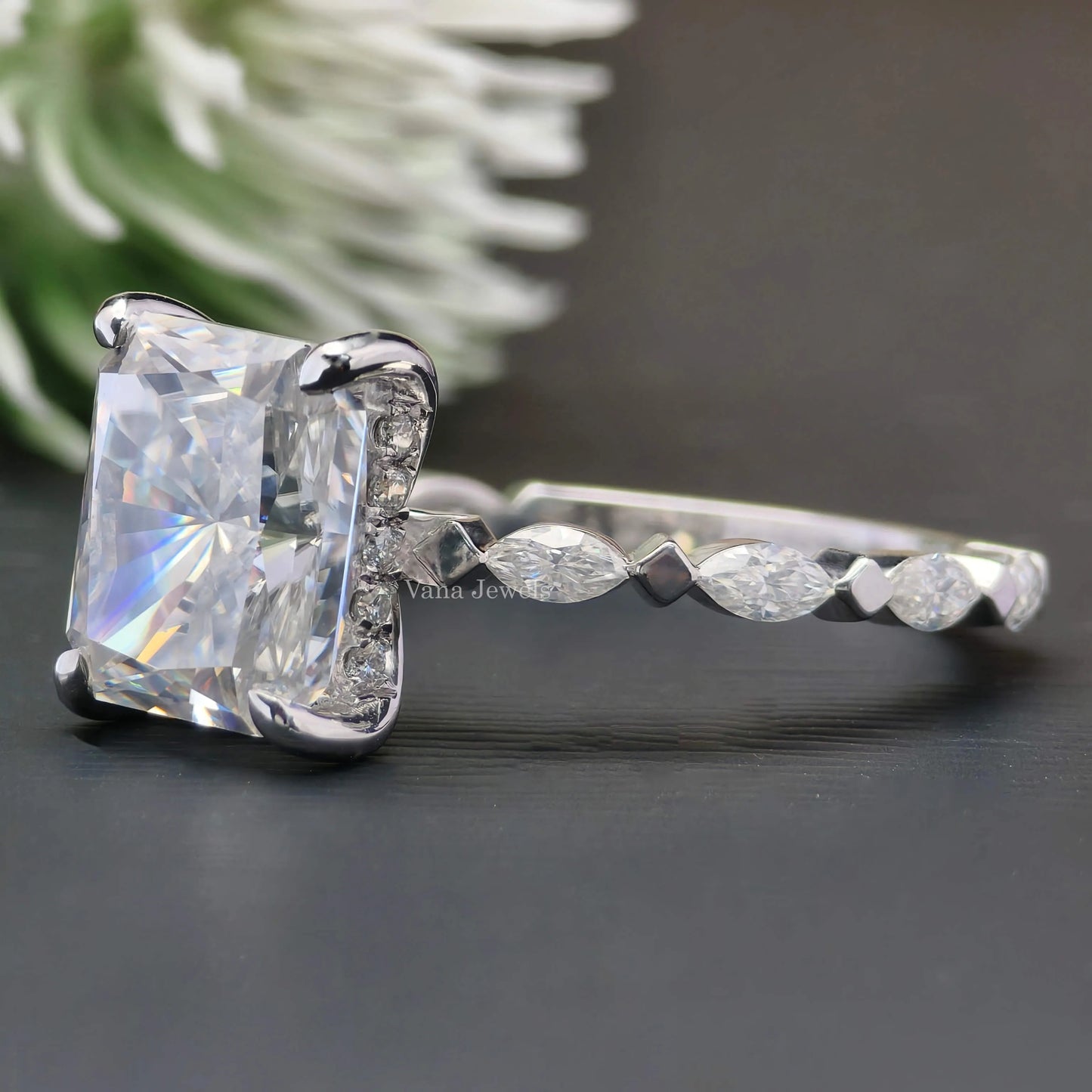 3.98 CT Radiant Cut Moissanite Hidden Halo Engagement Ring, Marquise Cut Wedding Ring