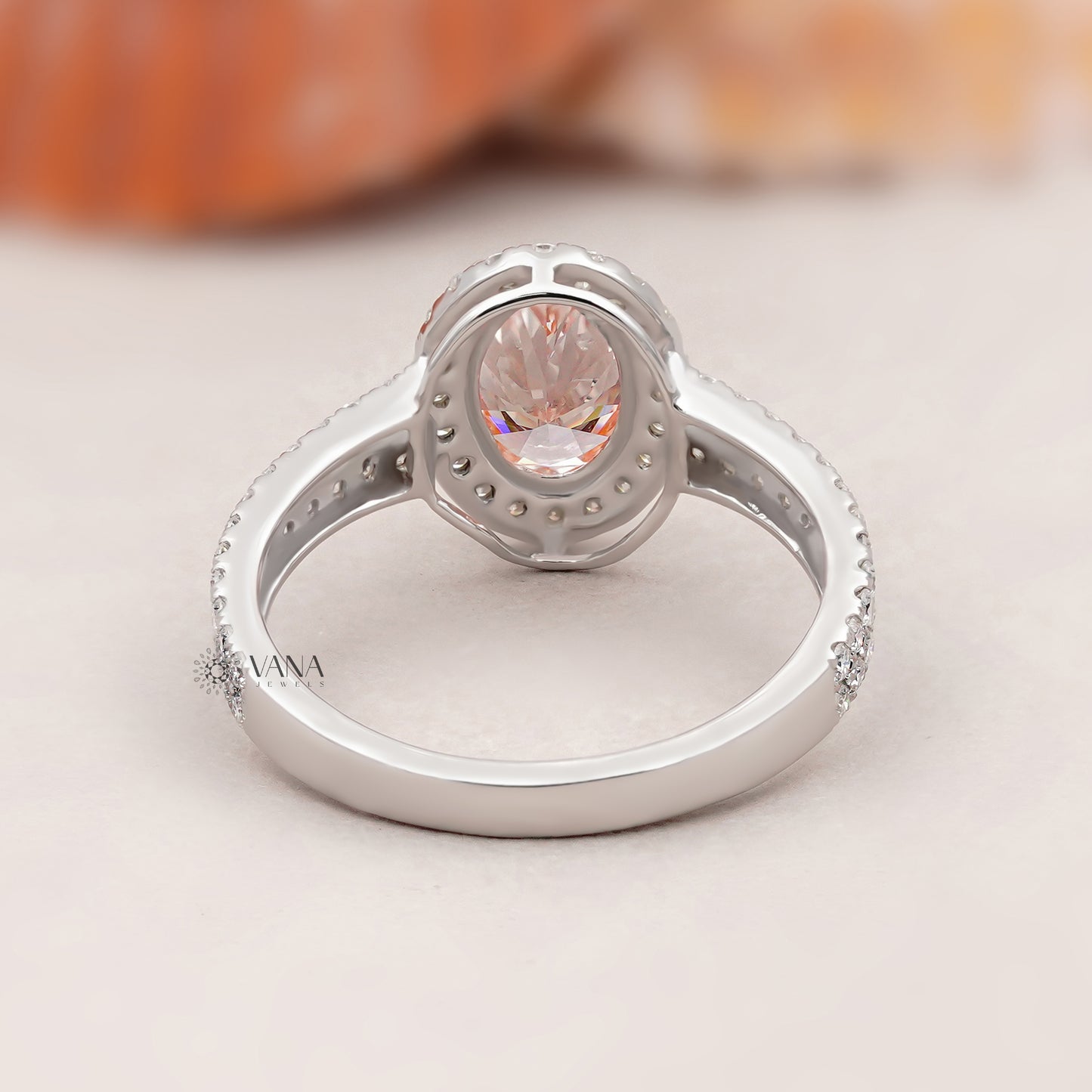 Pink Oval Lab Grown Diamond Halo Engagement Ring with Split Shank Pave Setting