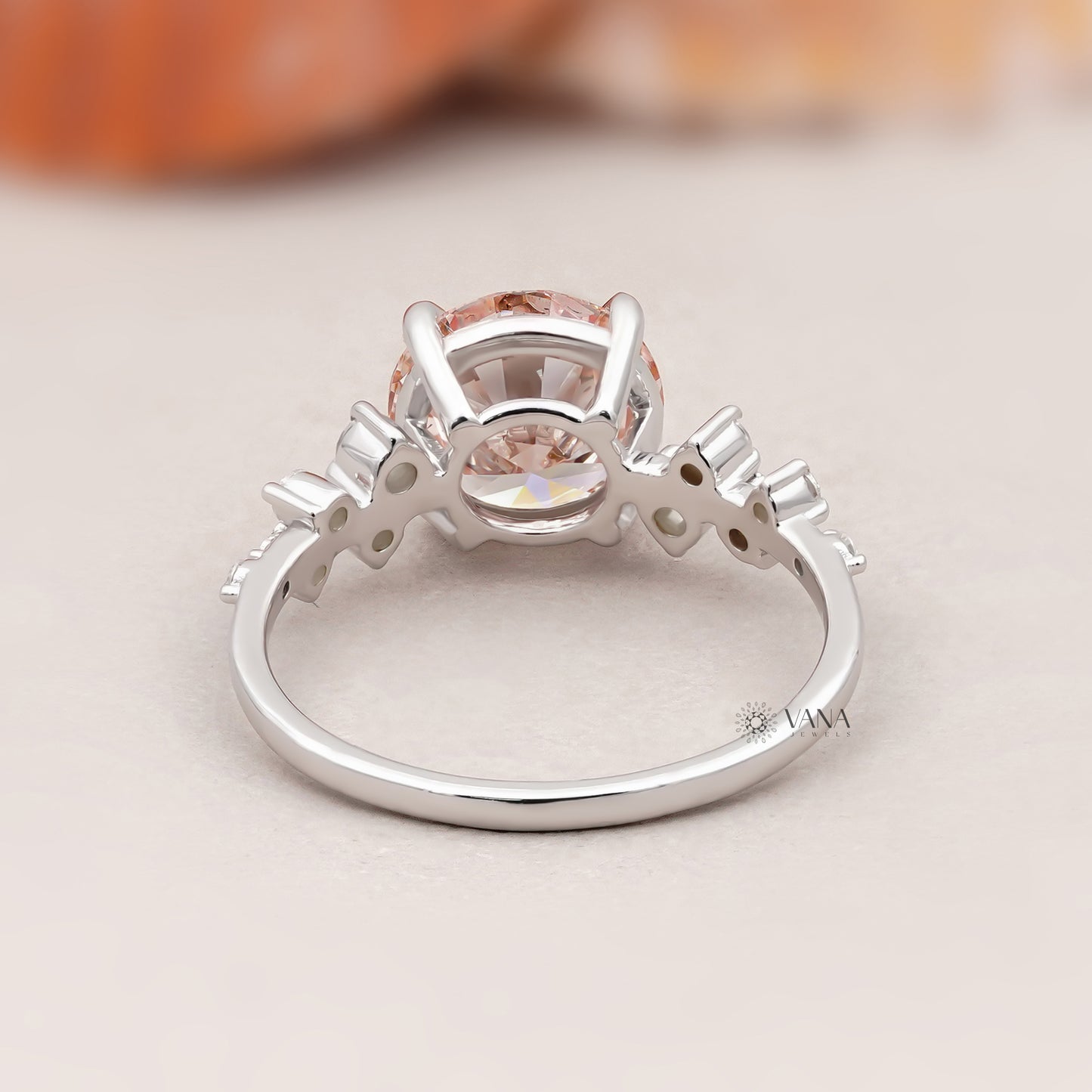 Unique Round Cut Lab Grown Diamond Engagement Ring with Cluster Side Stones in Solid Gold