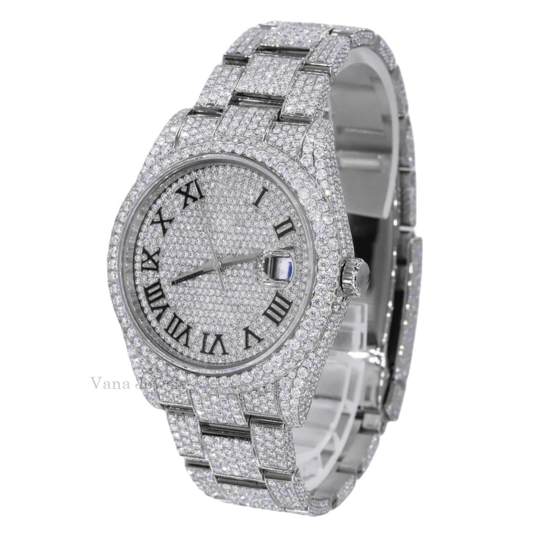 Roman Dial Full Iced Out Moissanite Diamond Watch - Vana Jewels