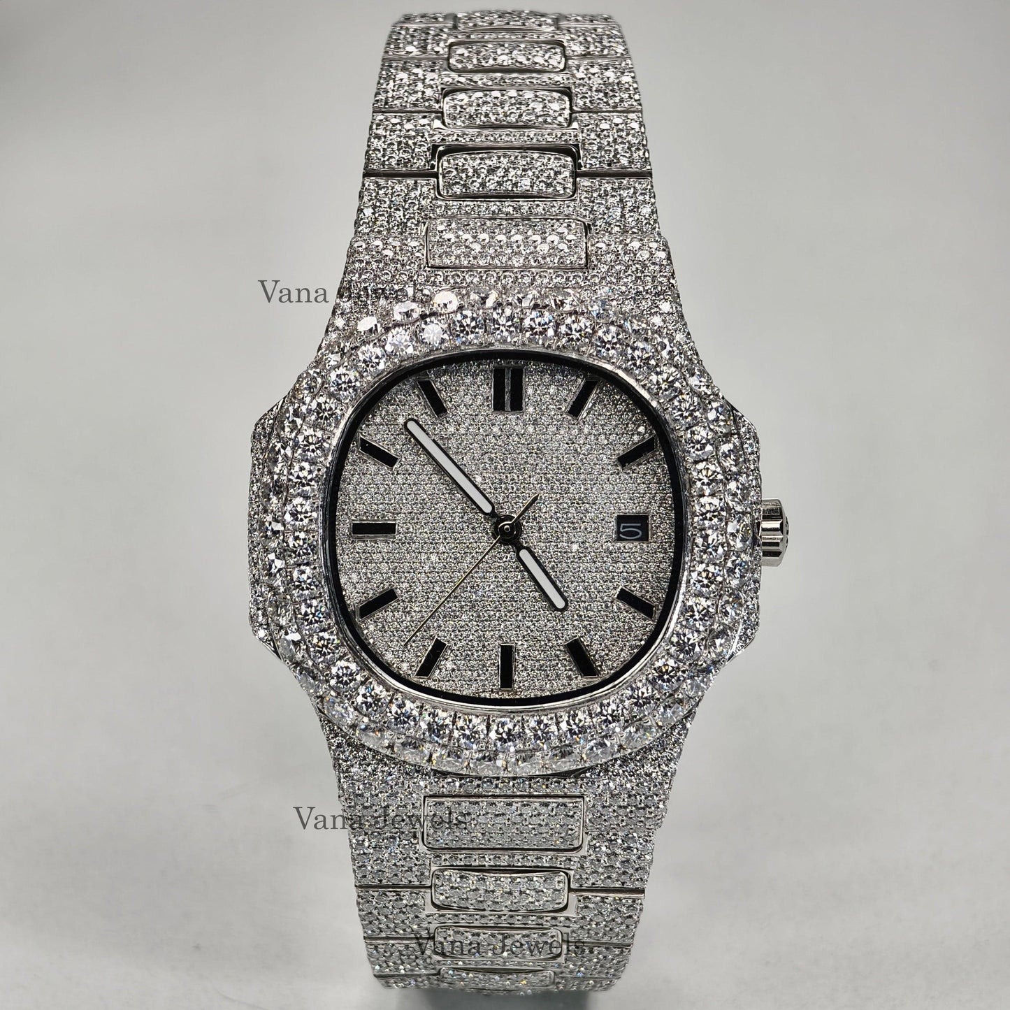 Full Iced Out Moissanite Diamond Studded Bust Down Watch - Vana Jewels