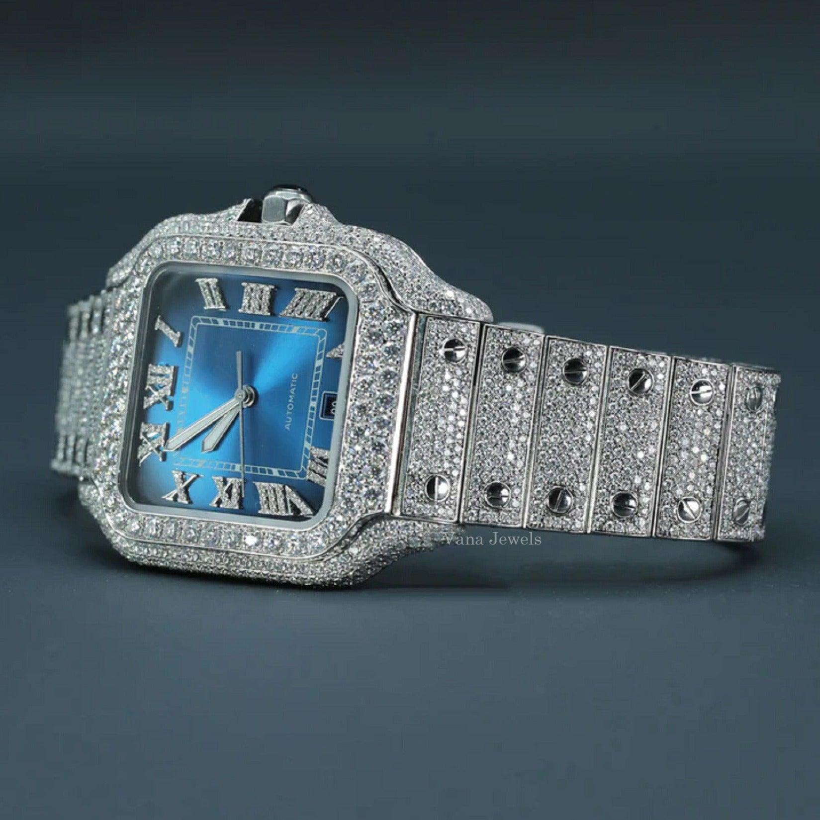 Real VVS Moissanite Diamond Studded Automatic Watch with Blue Dial - Vana Jewels