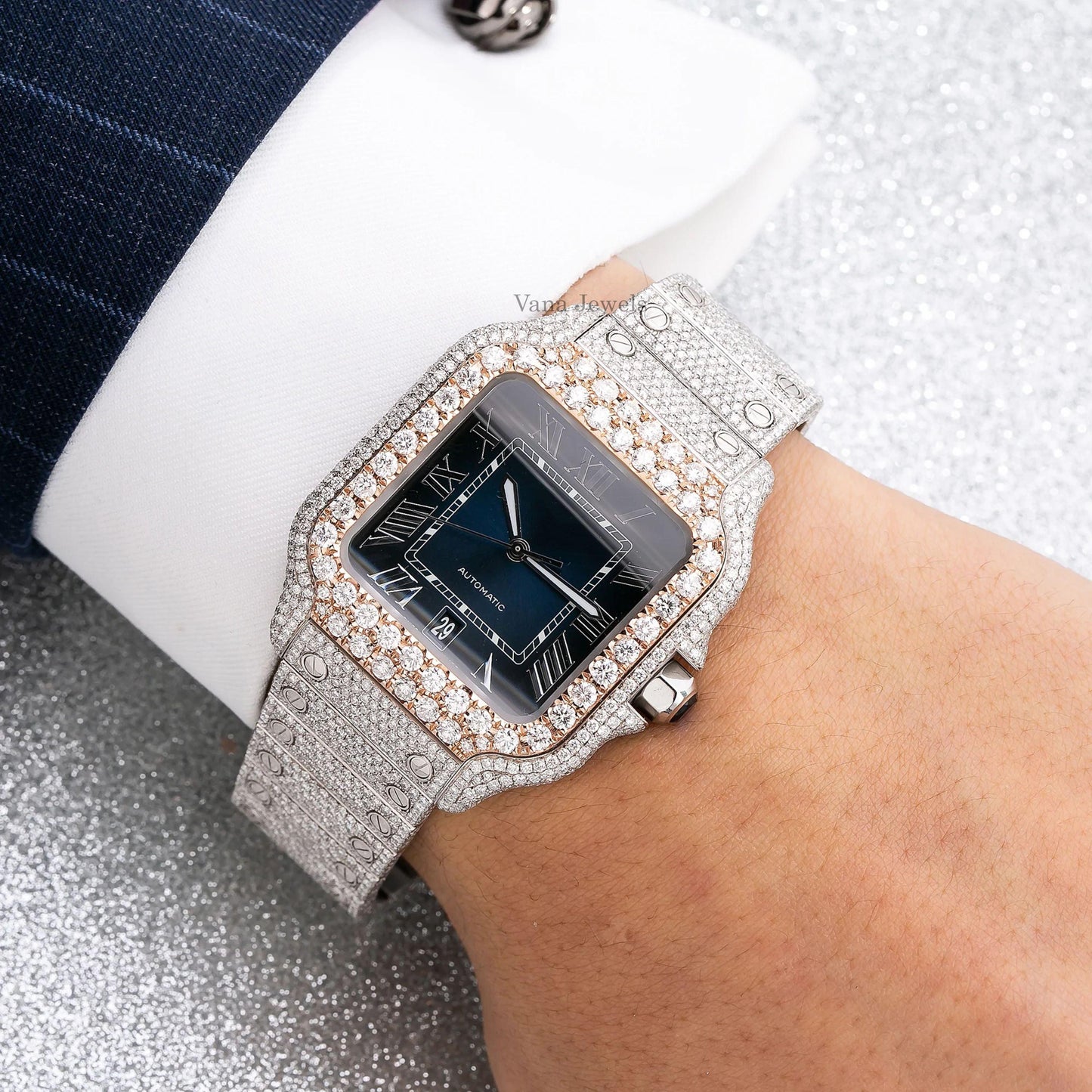 Blue Dial VVS Moissanite Diamond Two Tone Watch - Vana Jewels