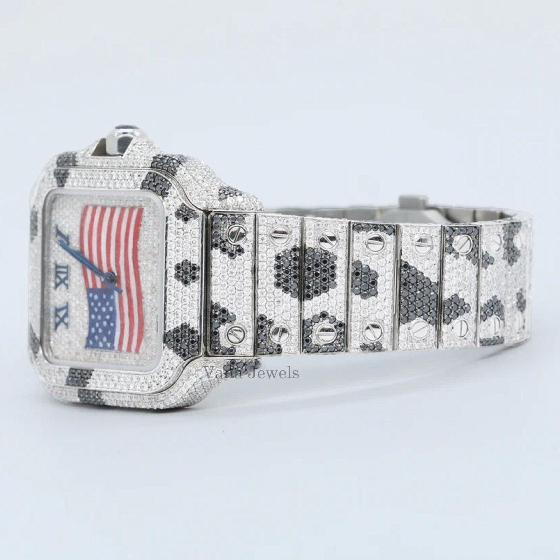 Iced Out Luxury Moissanite Diamond Watch with USA Flag - Vana Jewels