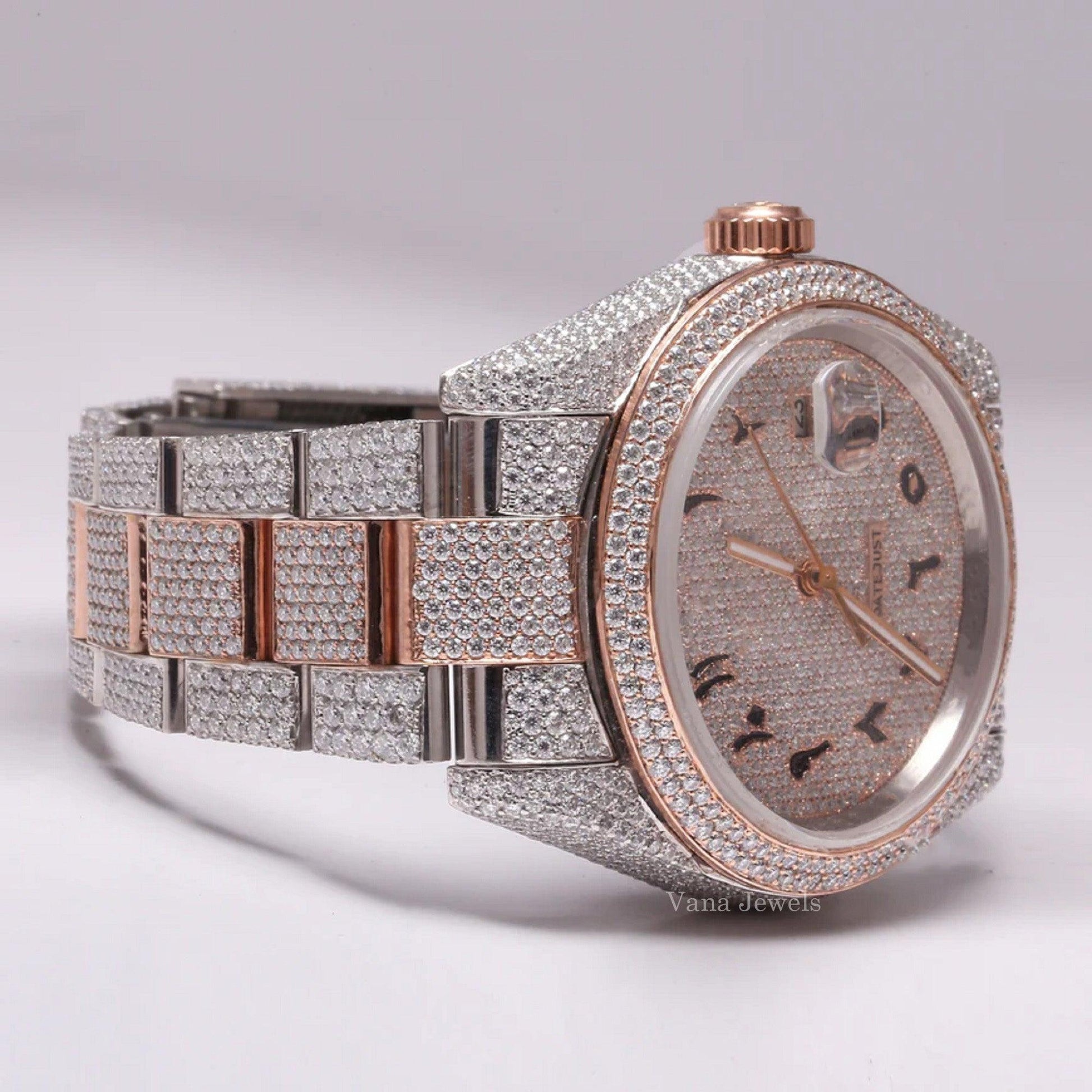 Arabic Iced Dial Two-Tone Rose Gold VVS Moissanite Diamond Watch - Vana Jewels