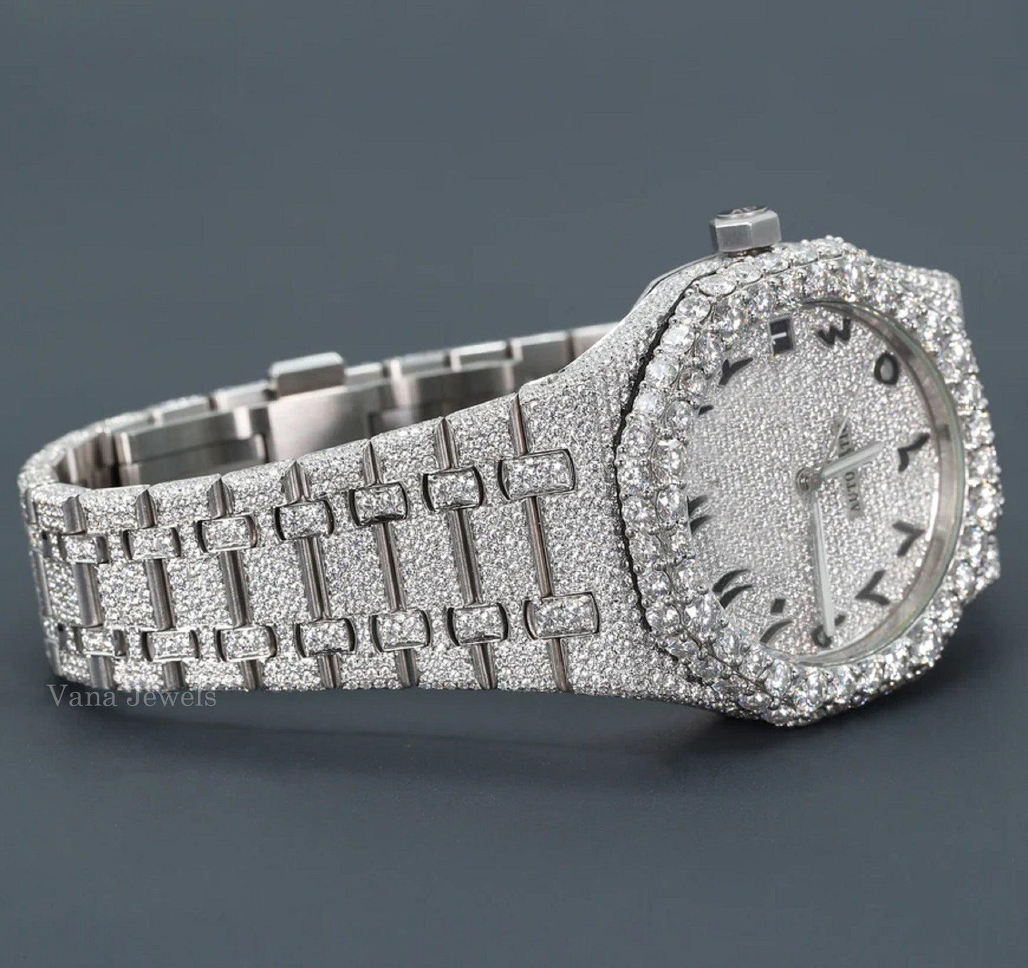 Iced Out Arabic Dial with VVS Moissanite Diamond Watch - Vana Jewels