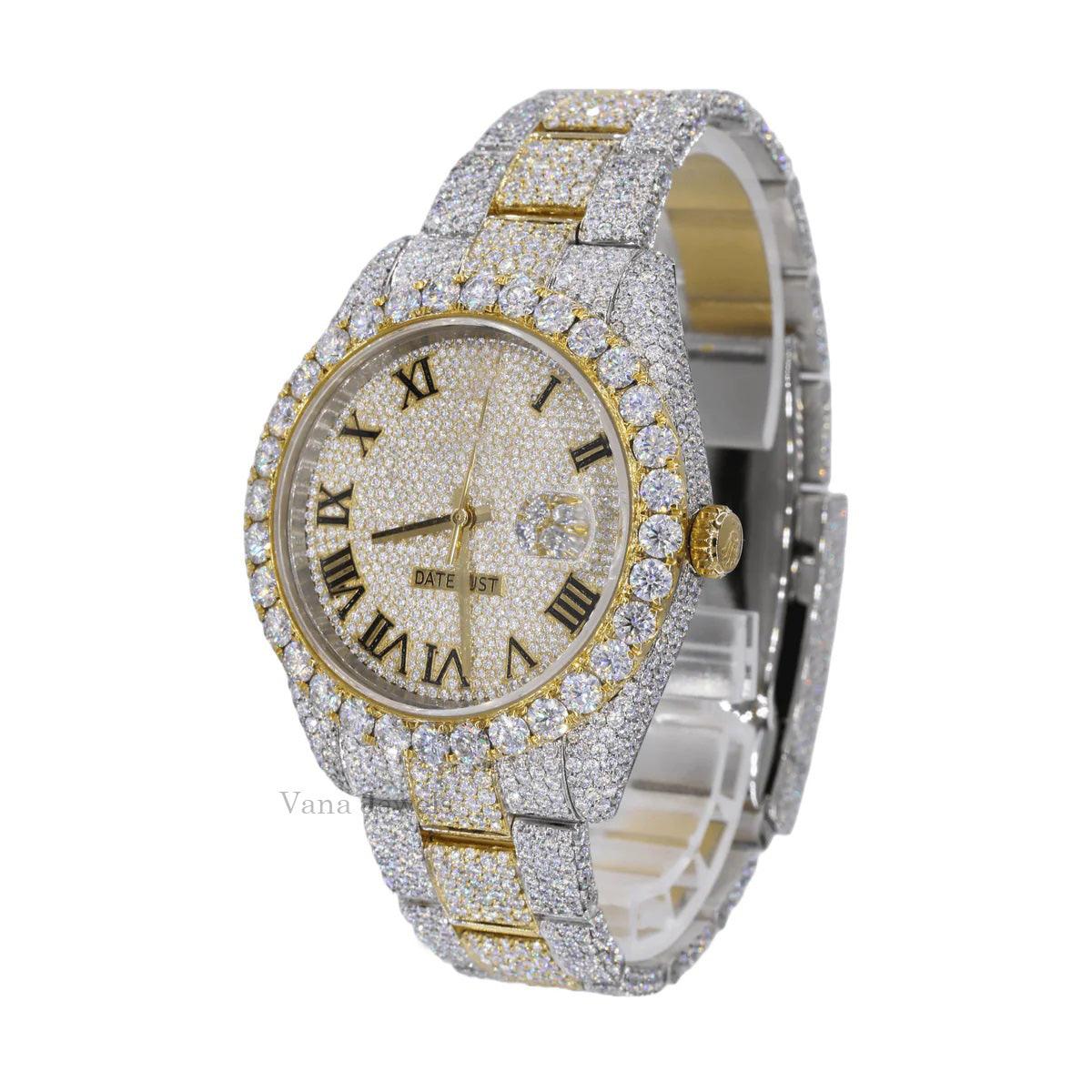 Iced Out Two-Tone Round Cut Diamond Watch - Vana Jewels