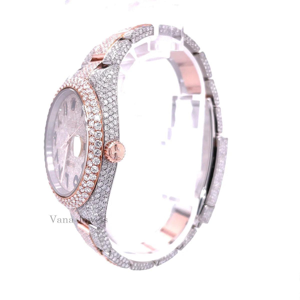 Rose Gold Two-Tone Arabic Dial Full Iced Out Watch - Vana Jewels