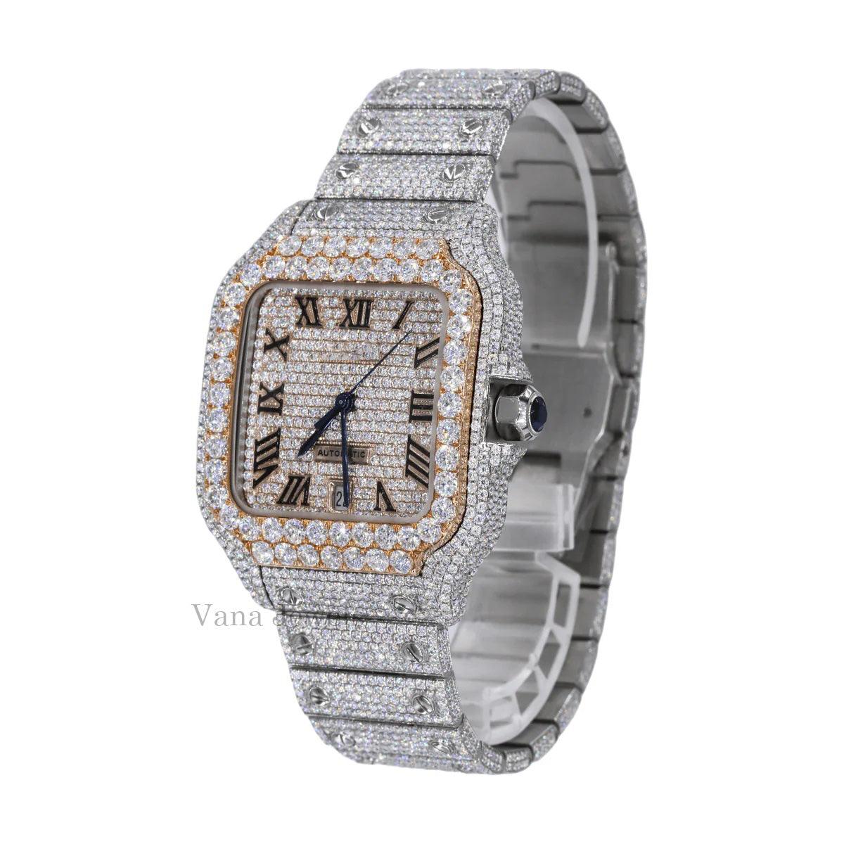 Fully Iced Out Moissanite Diamond Watch with Roman Numerals - Vana Jewels