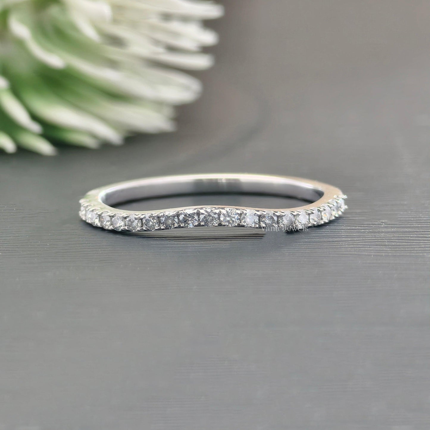 Round Cut Colorless Moissanite Wedding Band, Curved Half Eternity Band - Vana Jewels