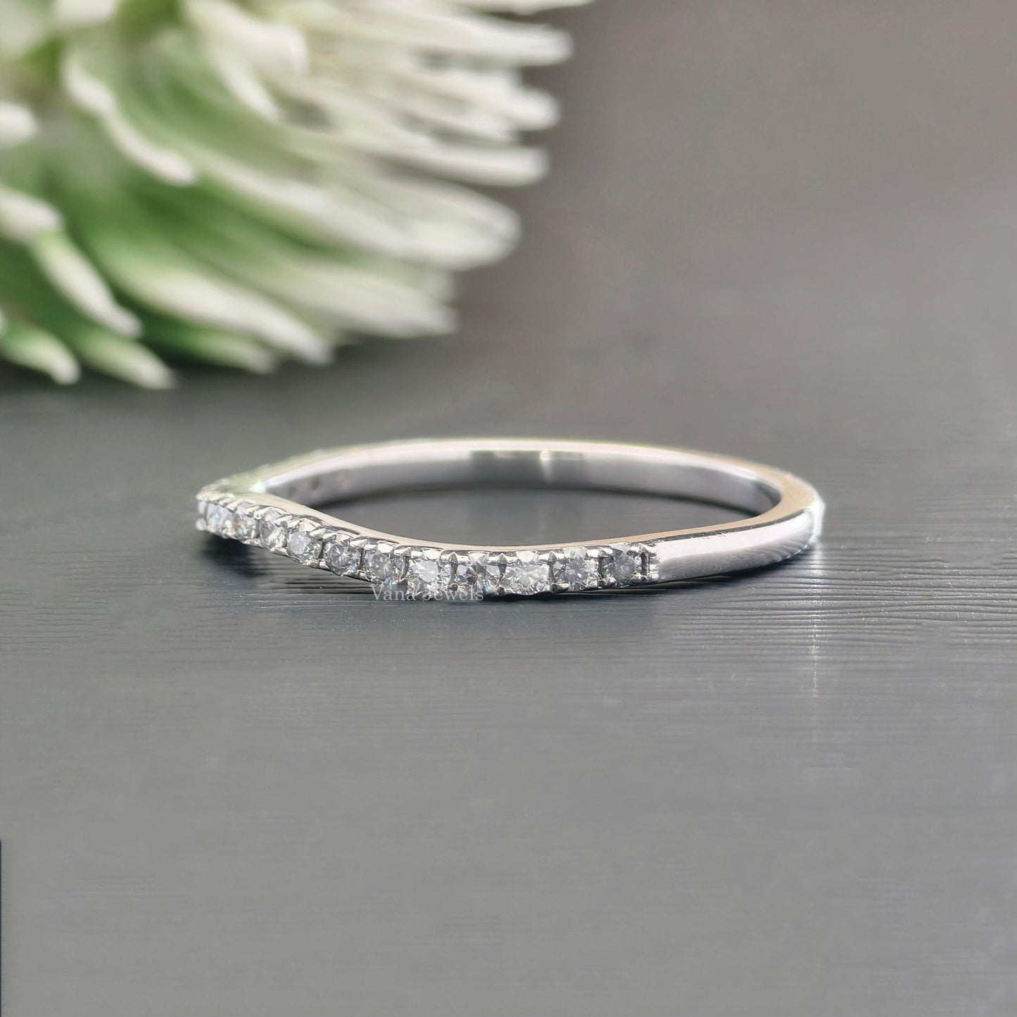 Round Cut Colorless Moissanite Wedding Band, Curved Half Eternity Band - Vana Jewels