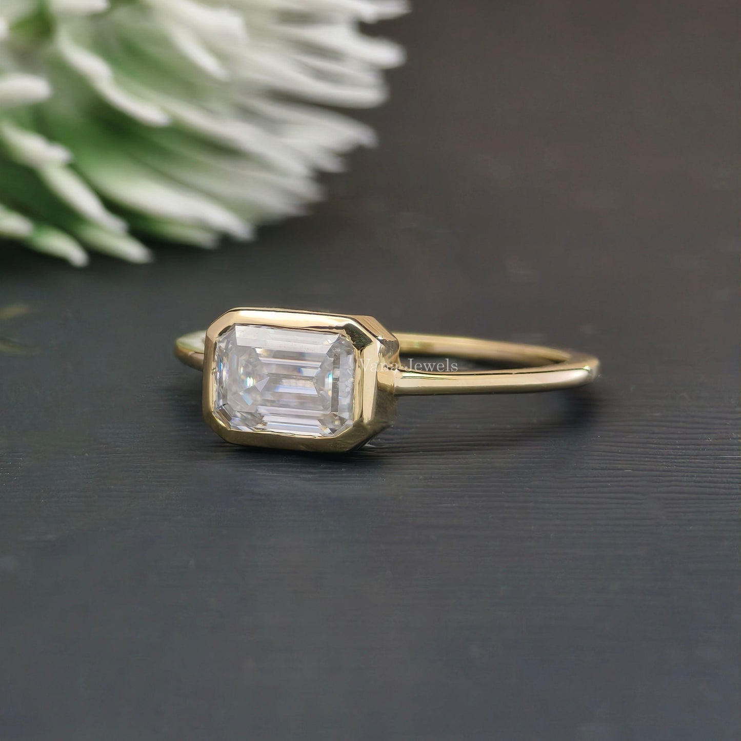 1.07 CT Emerald Cut Moissanite Bezel and Comfort Fit Engagement Ring