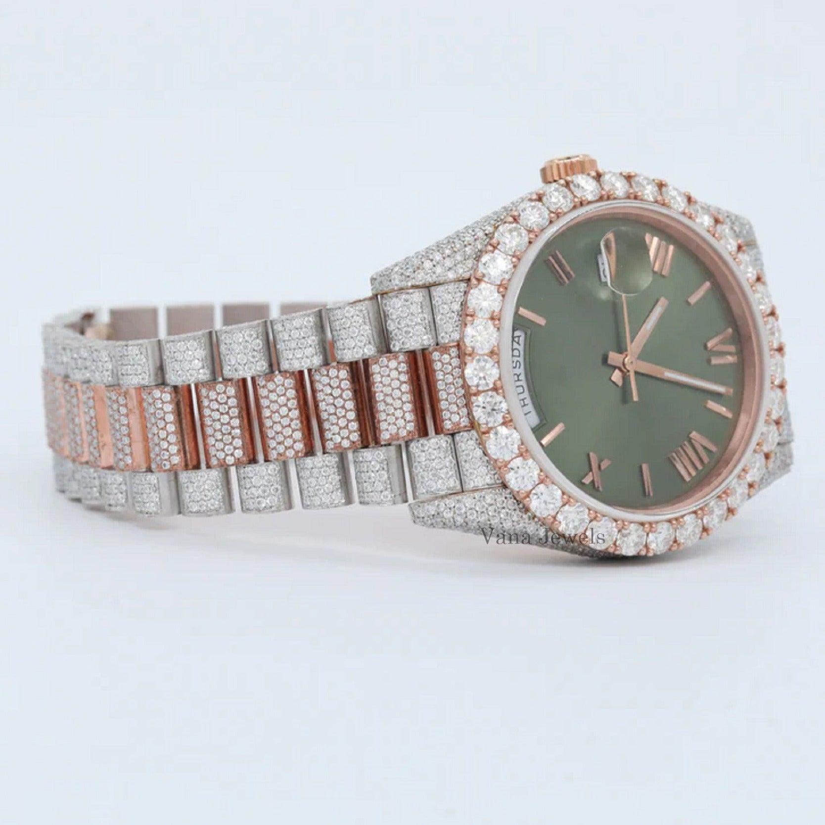 Luxury Two-Tone Iced Out Moissanite Diamond Automatic Watch - Vana Jewels