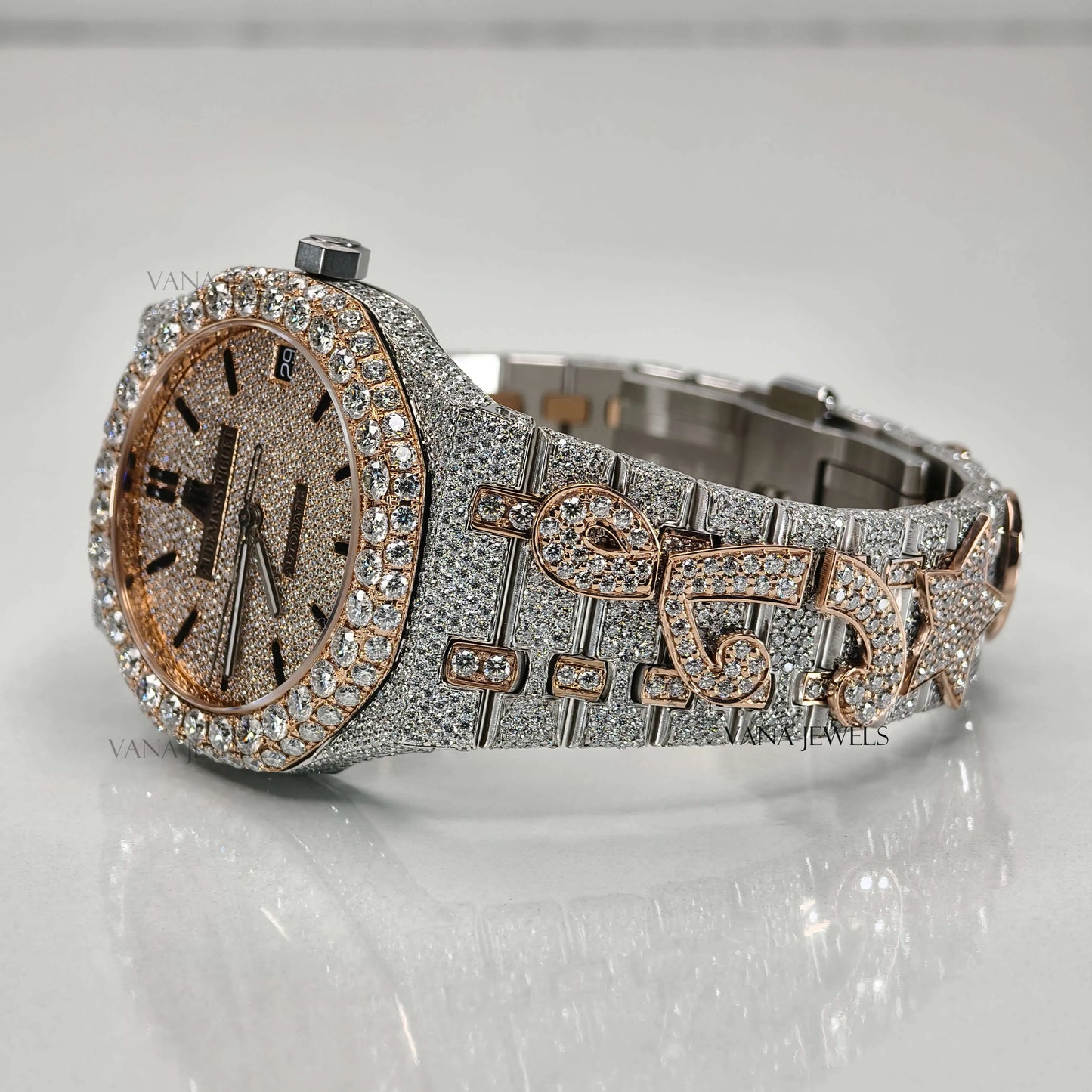 Custom Moissanite Watch, Luxury Two-Tone Moissanite Watch, Fully Iced Out Watch