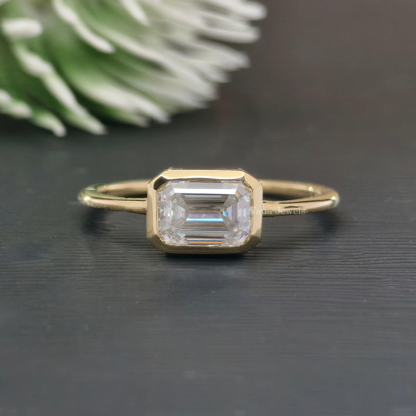 1.07 CT Emerald Cut Moissanite Bezel and Comfort Fit Engagement Ring