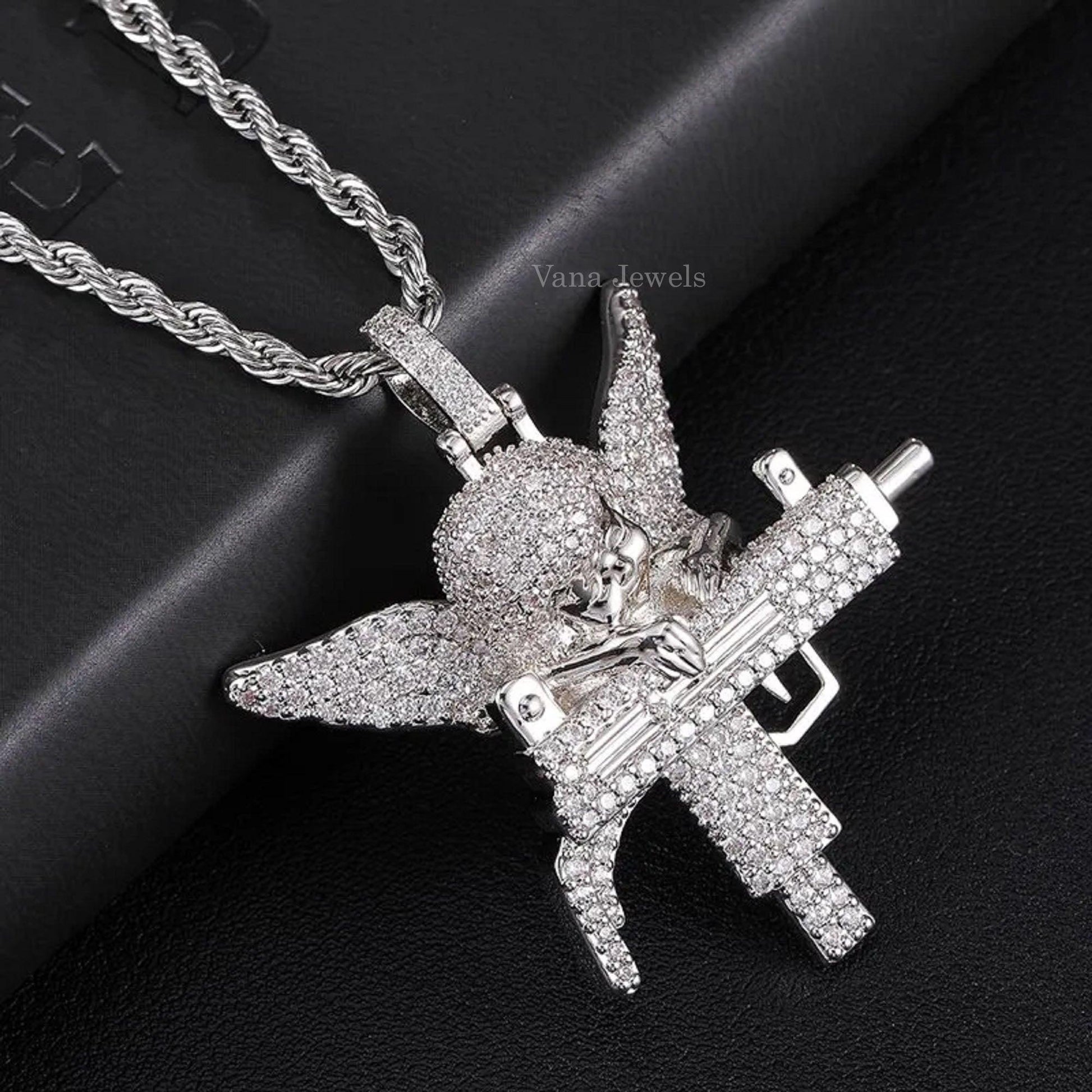 Shooting Angel iced out uzi machine guardian angel bling pendant - Vana Jewels