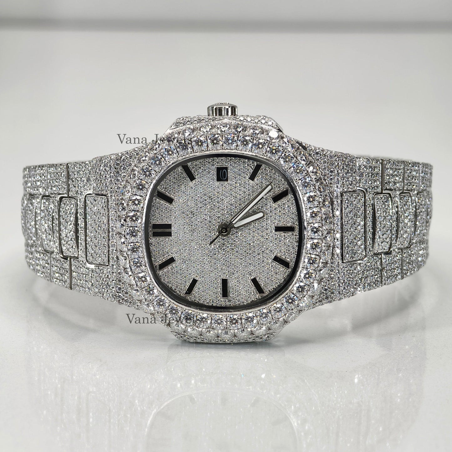 Full Iced Out Moissanite Diamond Studded Bust Down Watch - Vana Jewels