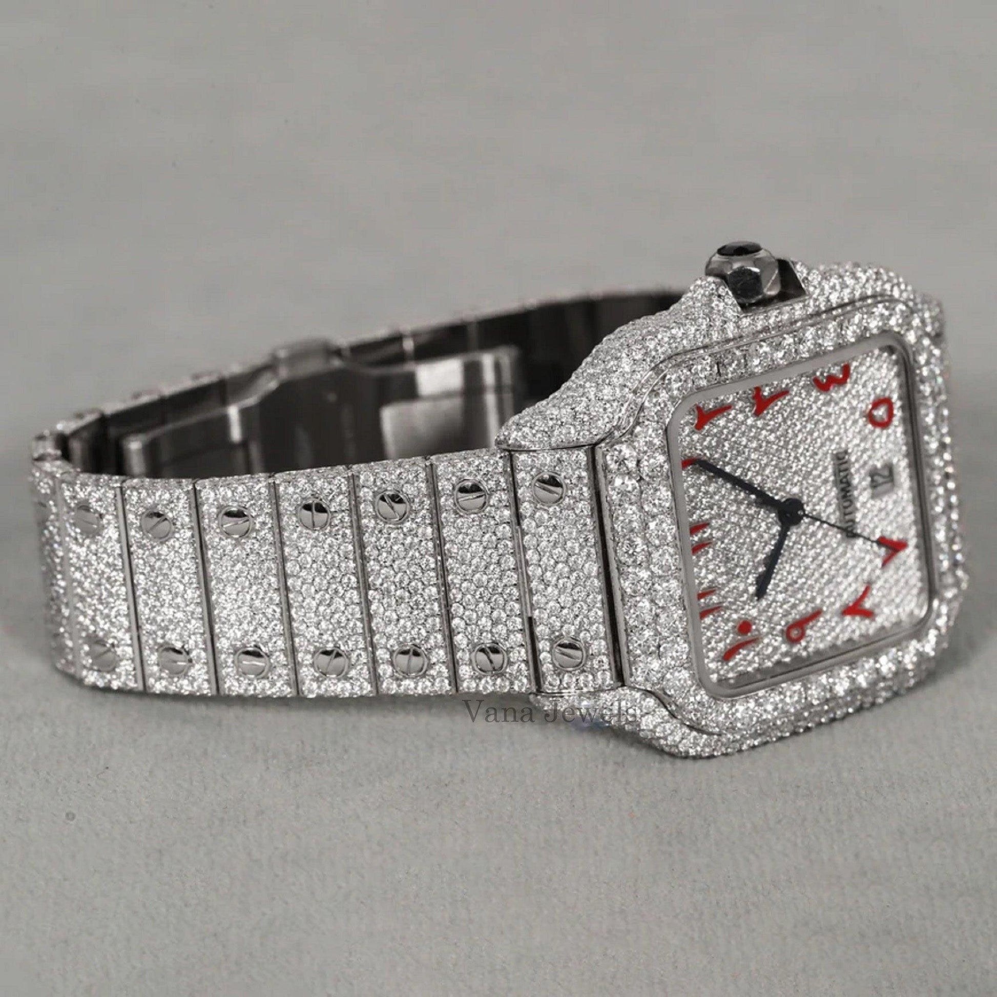 Arabic Dial Iced Out Moissanite Diamond Watch - Vana Jewels