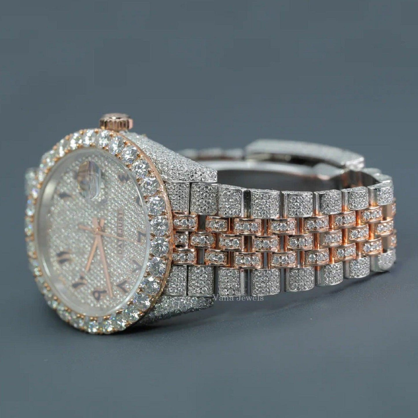 Arabic Dial Two-Tone Rose Gold Fully Iced Out Watch - Vana Jewels