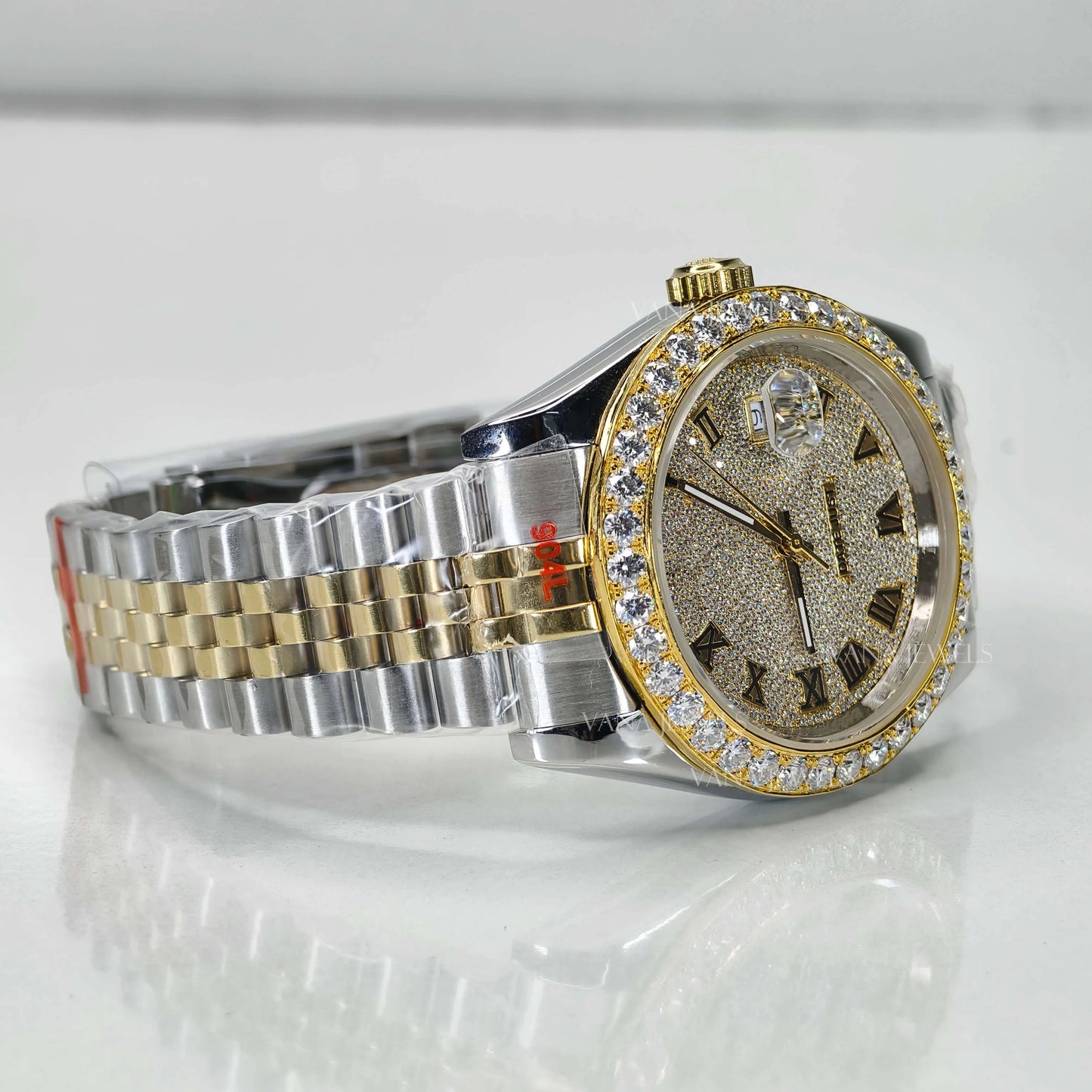 Luxury Two Tone Moissanite Watch with Roman Numeral Dial and Diamond Bezel.