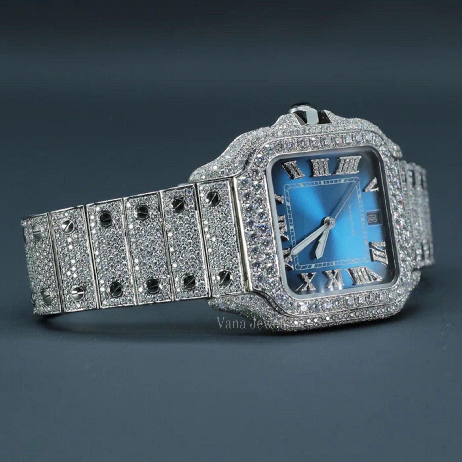 Real VVS Moissanite Diamond Studded Automatic Watch with Blue Dial - Vana Jewels