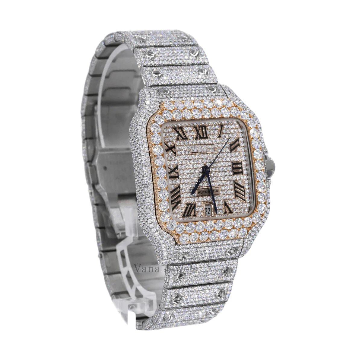 Fully Iced Out Moissanite Diamond Watch with Roman Numerals - Vana Jewels