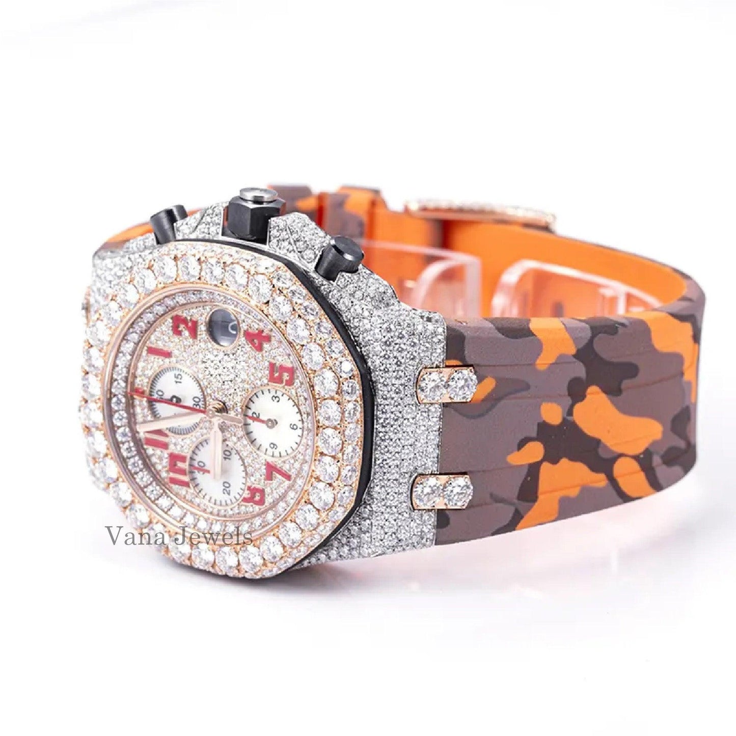 VVS Moissanite Diamond-Studded Rubber Belt Watch - Vana Jewels