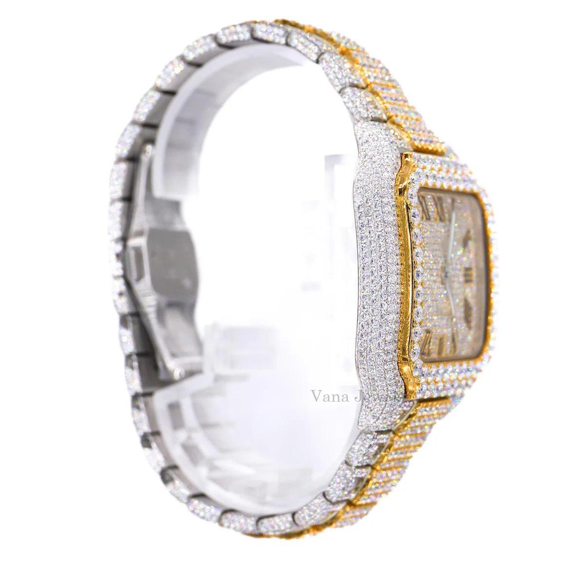 Round Cut Two-Tone Moissanite Fully Iced Out Diamond Watch - Vana Jewels