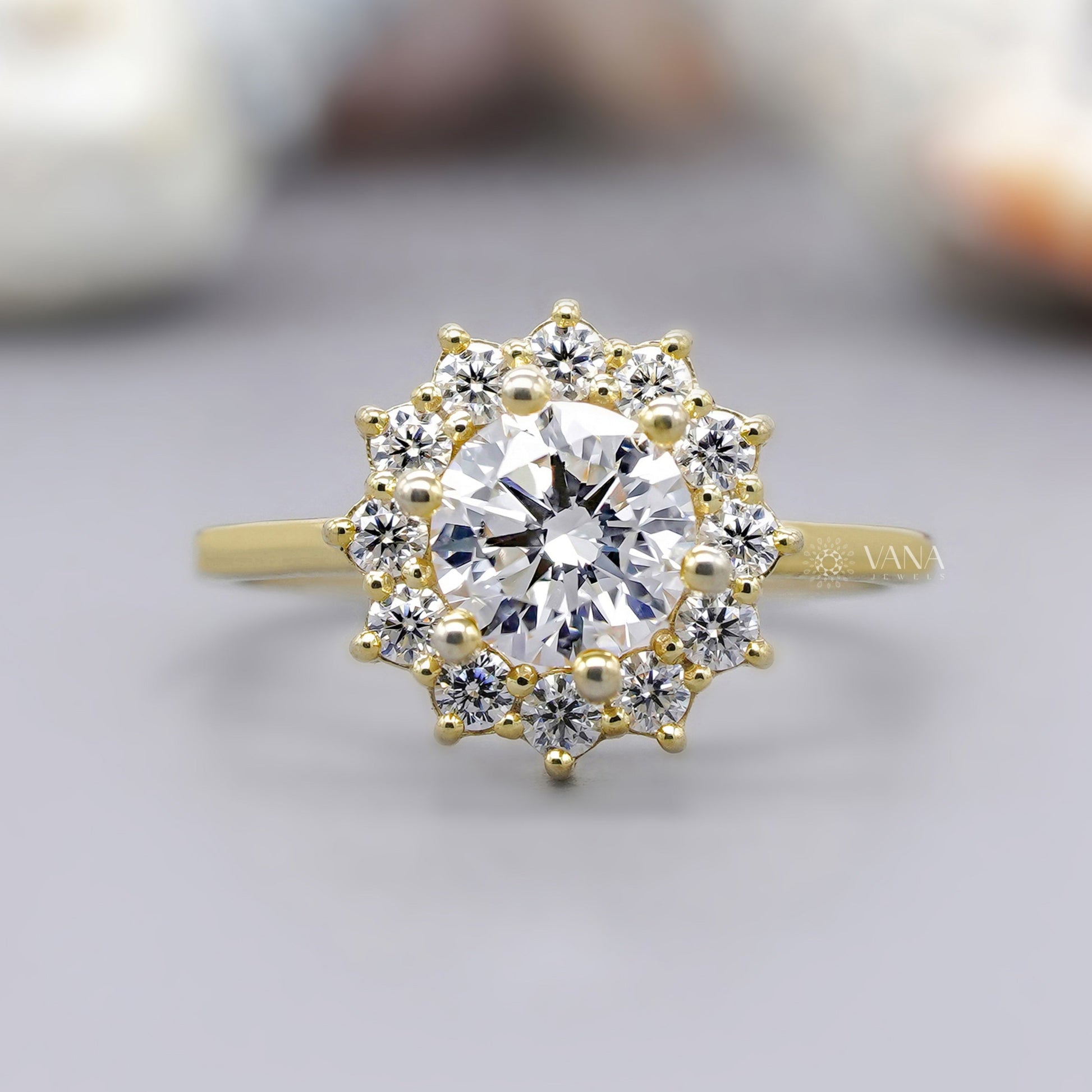 Round cut moissanite flower halo engagement ring in yellow gold for brides