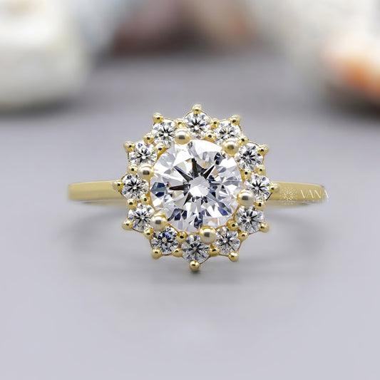 Round cut moissanite flower halo engagement ring in yellow gold for brides