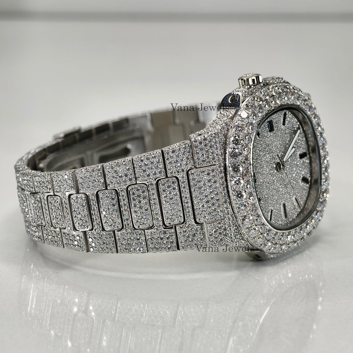 Full Iced Out Moissanite Diamond Studded Bust Down Watch - Vana Jewels