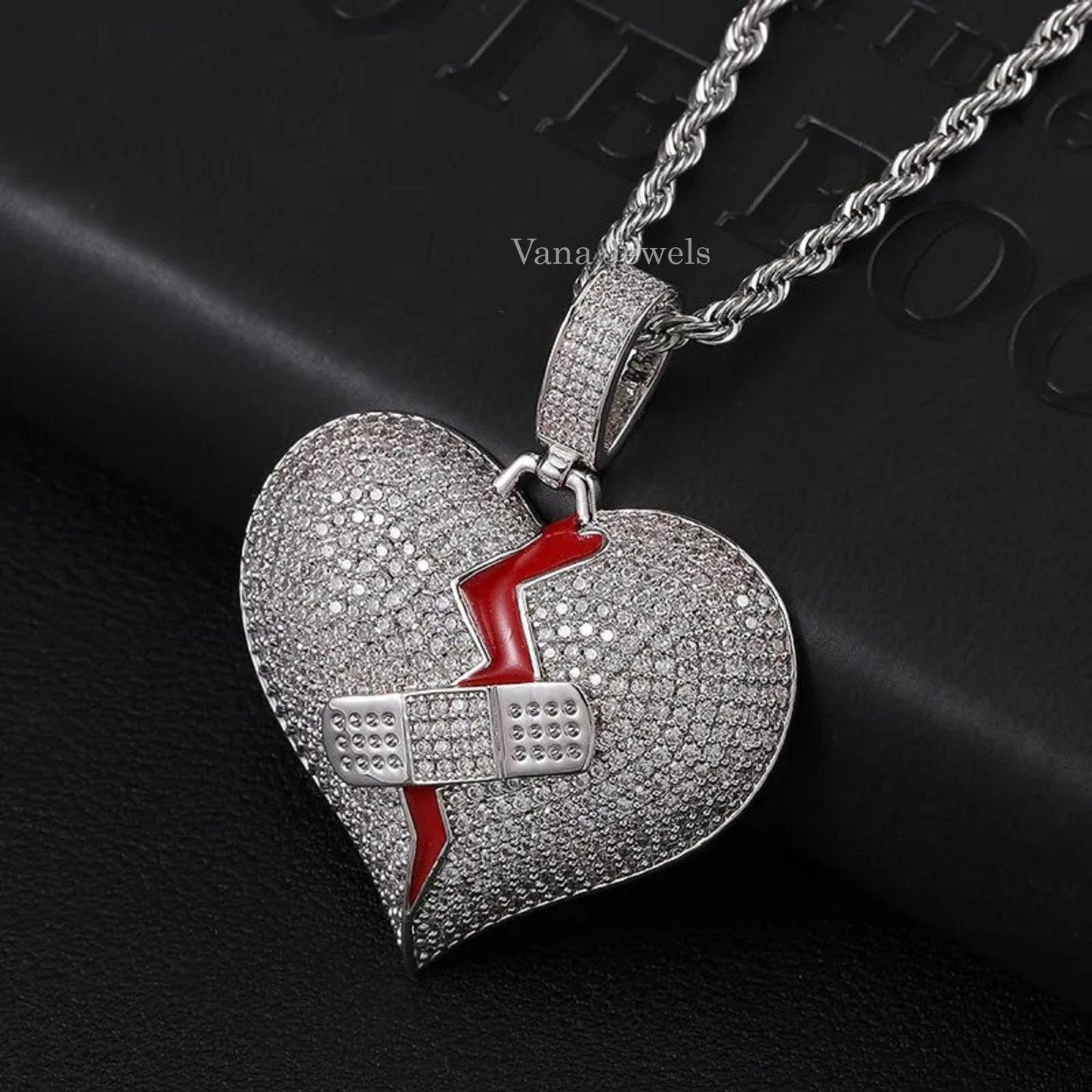 925 Silver Broken Heart Iced Out Pendant - Vana Jewels