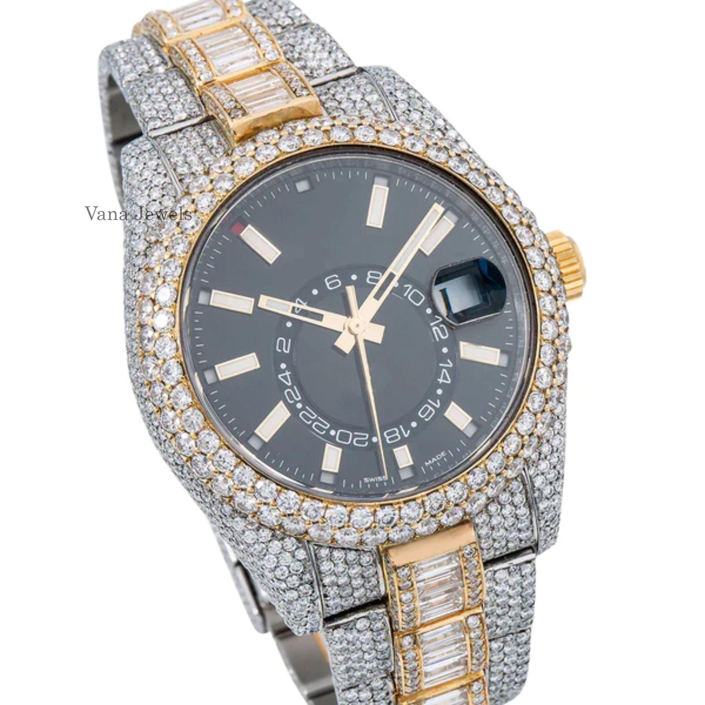 Two Tone VVS Moissanite Round & Baguette Cut Diamond Watch - Vana Jewels