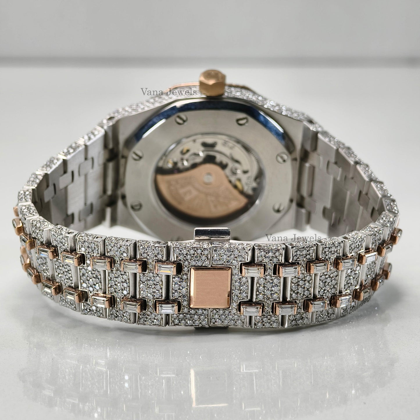 Round & Baguette Cut Two-Tone Iced Out Moissanite Diamond Watch - Vana Jewels