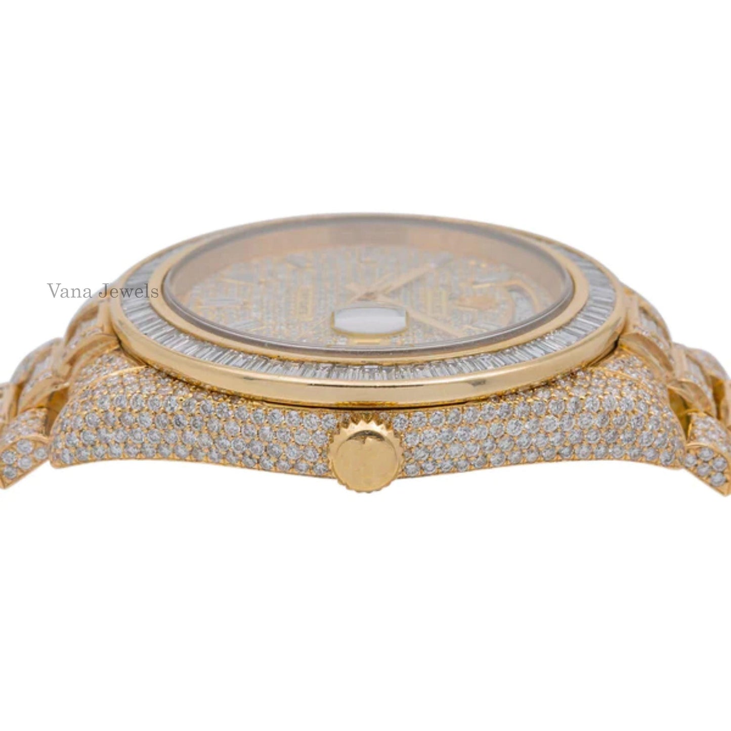 Round & Baguette Cut Moissanite Diamond Iced Out Watch - Vana Jewels