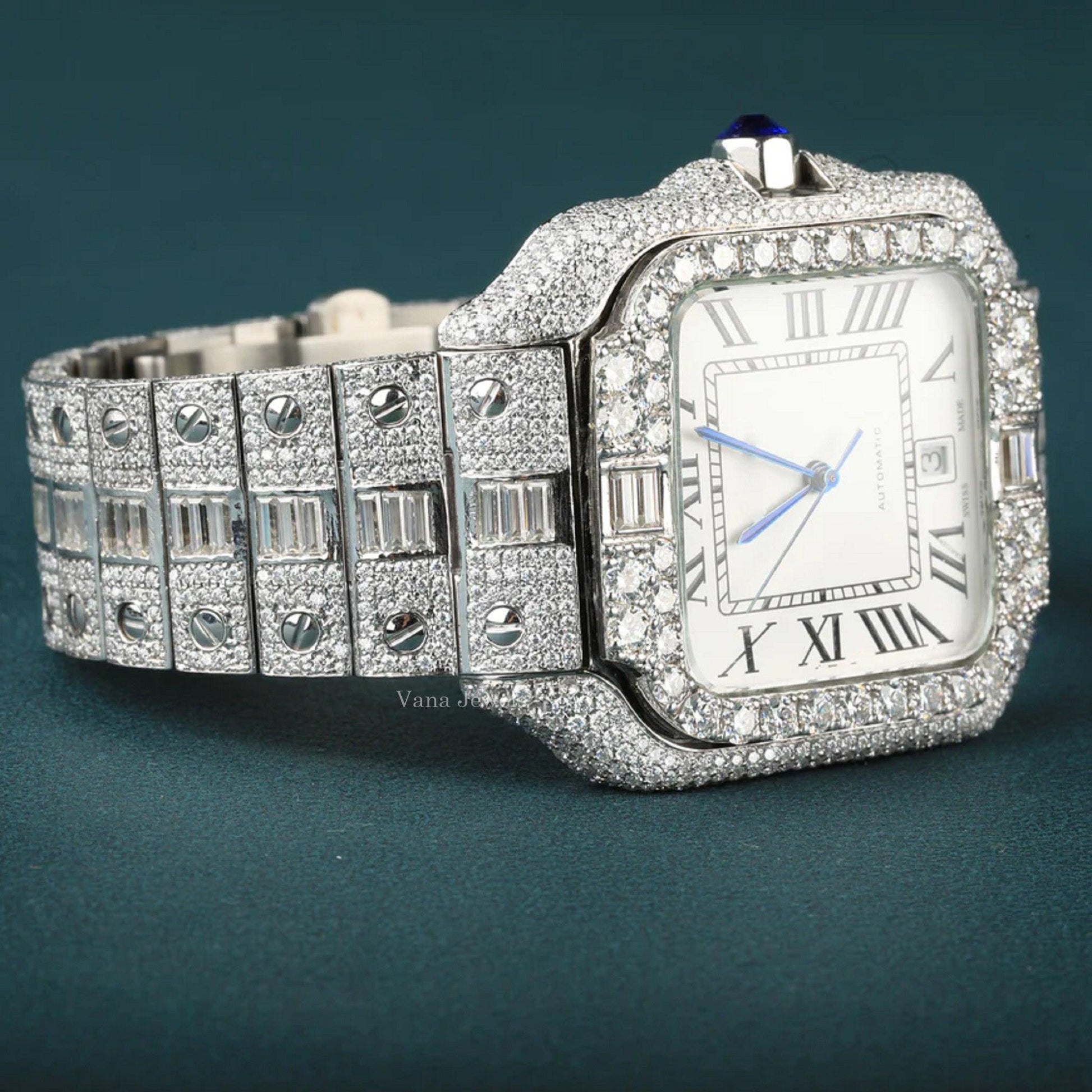 Luxury Iced Out Moissanite Diamond Watch, Round and Baguette Cut Moissanite Watch for Men - Vana Jewels