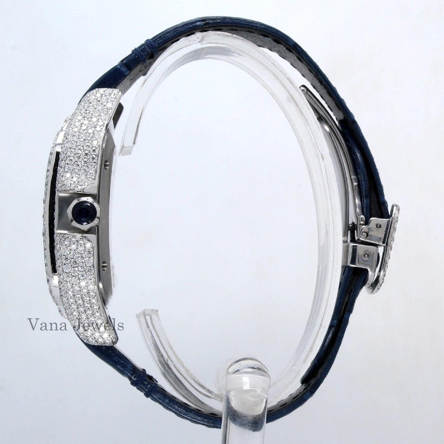 VVS Moissanite Full Ice Out Diamond Studded Blue Leather Belt Hip Hop Watch - Vana Jewels