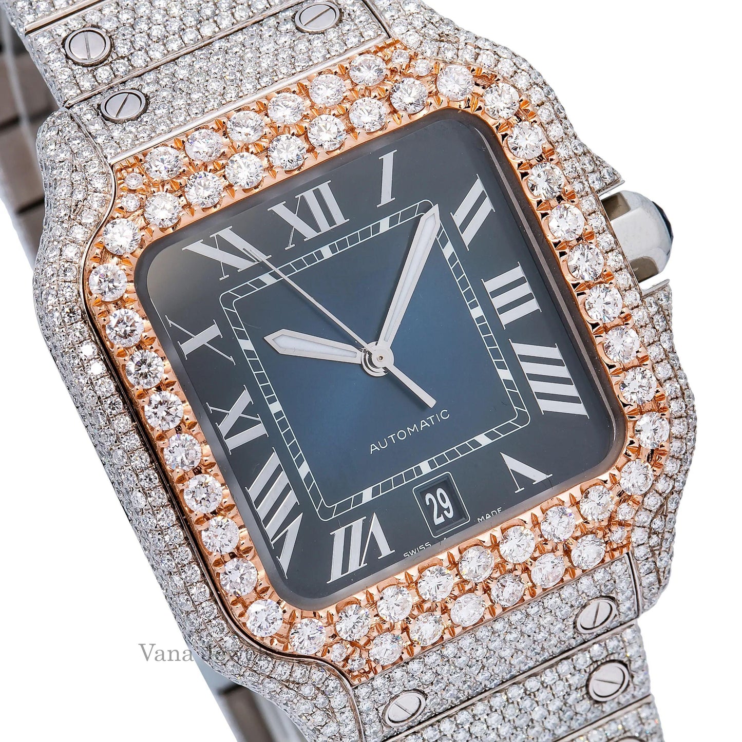 Blue Dial VVS Moissanite Diamond Two Tone Watch - Vana Jewels