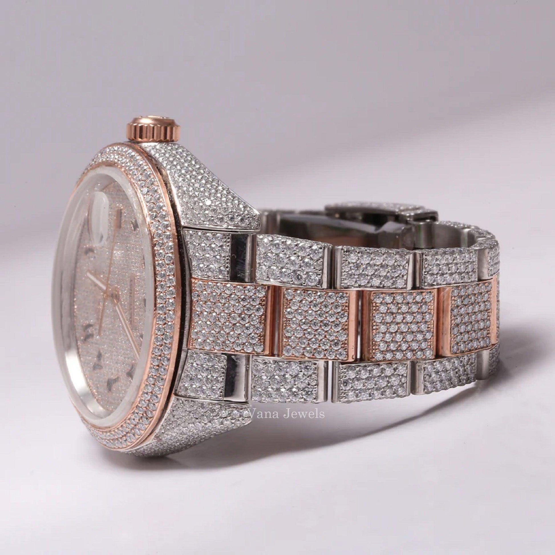 Arabic Iced Dial Two-Tone Rose Gold VVS Moissanite Diamond Watch - Vana Jewels