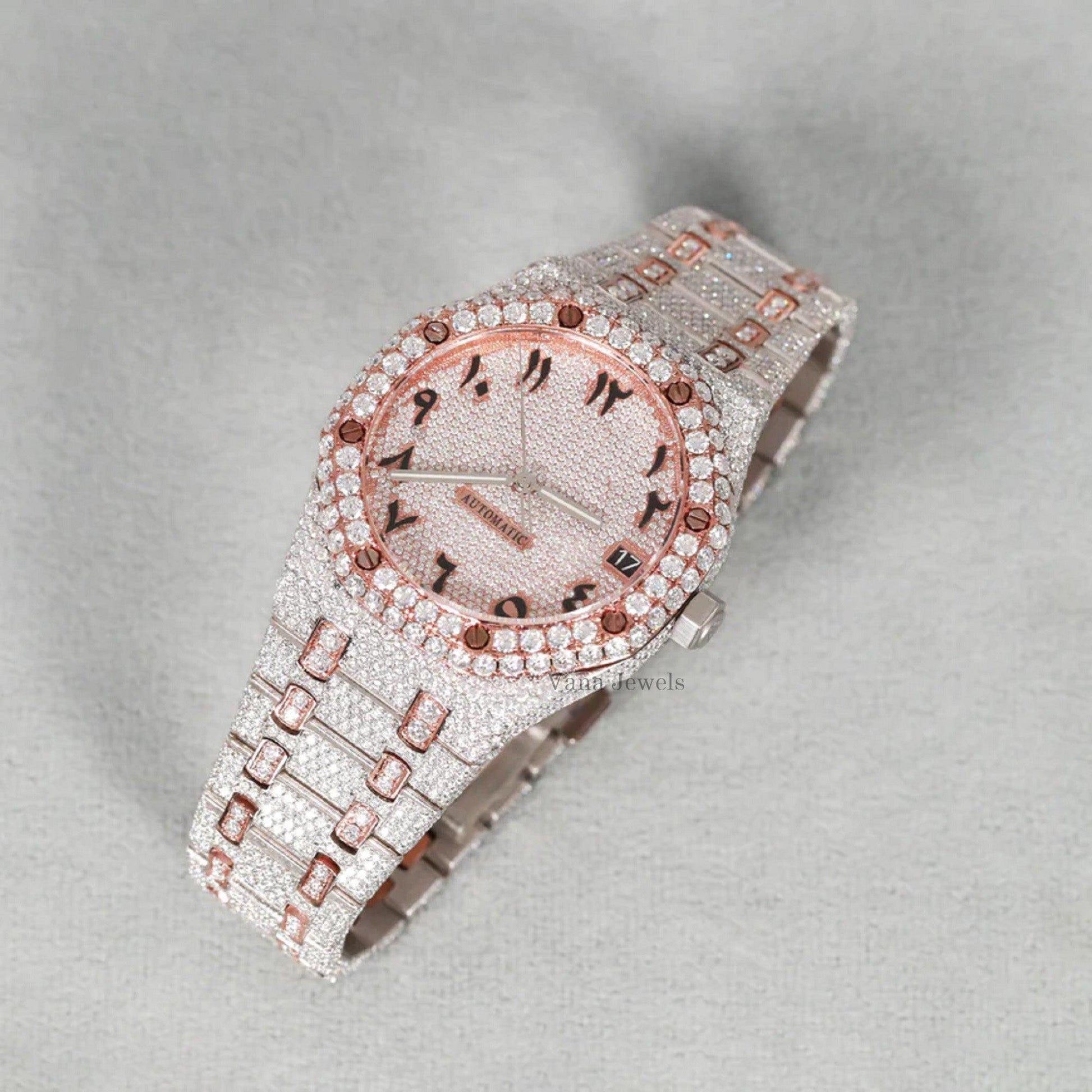 Iced Out Two-Tone Arabic Dial with VVS Moissanite Diamond Watch - Vana Jewels